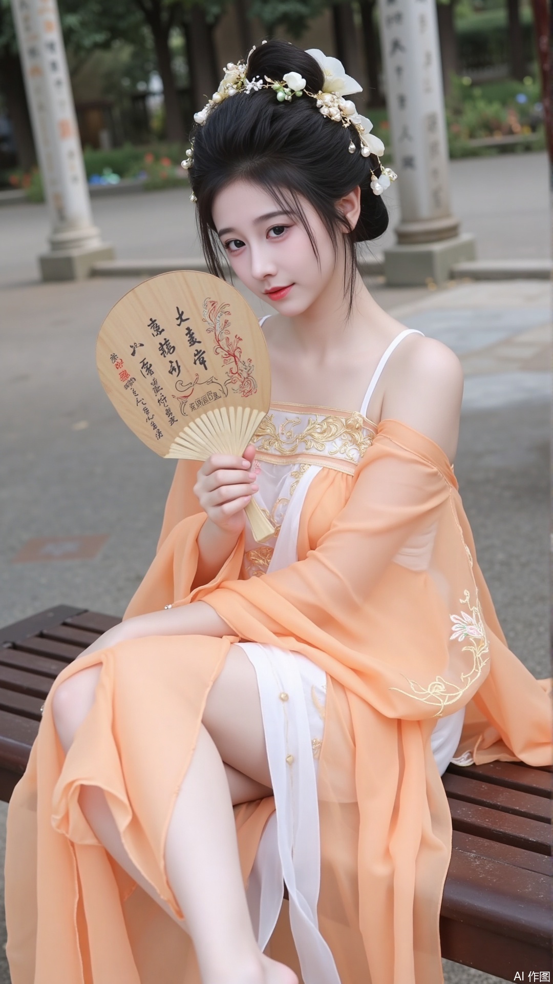 The image shows a young woman dressed in traditional Chinese clothing. She is sitting on a wooden bench with her legs crossed and her hands resting on her knees. The woman is wearing a long orange robe with gold embroidery and a matching headpiece with a floral design. She has long black hair styled in loose curls and is holding a bamboo fan in her right hand. The background is blurred, but it appears to be an outdoor setting with pillars and plants. The overall mood of the image is peaceful and serene.