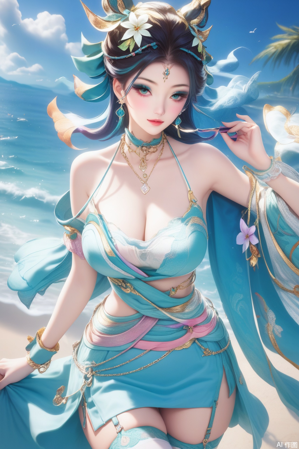 score_9,score_8_up,score_7_up,,1girl, large breasts, (hair ornament1.4),hair ribbon, jewelry, collarbone, wrist cuffs,kanzashi,(halterneck1.3),earrings,jabot,chain necklace,wrist cuffs,neck garter,leg belt,thighhighs,hair flower,high quality, eyeshadow,upper body,looking at viewer,on the beach,on the beach,
