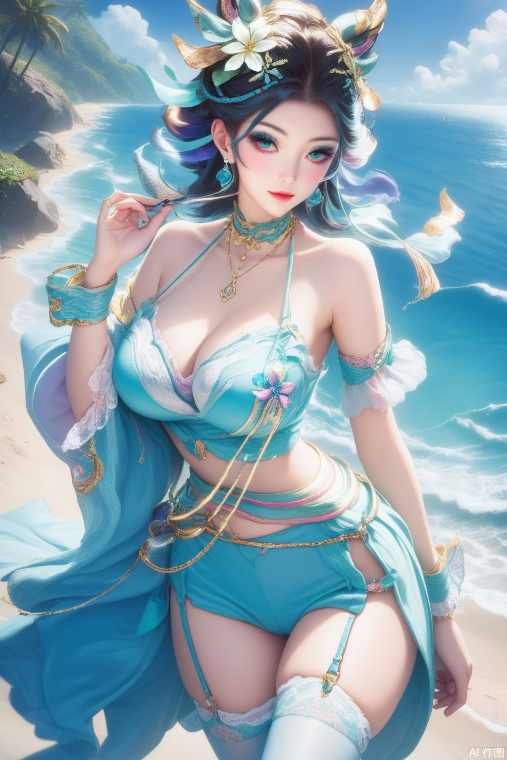 score_9,score_8_up,score_7_up,,1girl, large breasts, (hair ornament1.4),hair ribbon, jewelry, collarbone, wrist cuffs,kanzashi,(halterneck1.3),earrings,jabot,chain necklace,wrist cuffs,neck garter,leg belt,thighhighs,hair flower,high quality, eyeshadow,upper body,looking at viewer,on the beach,on the beach,
