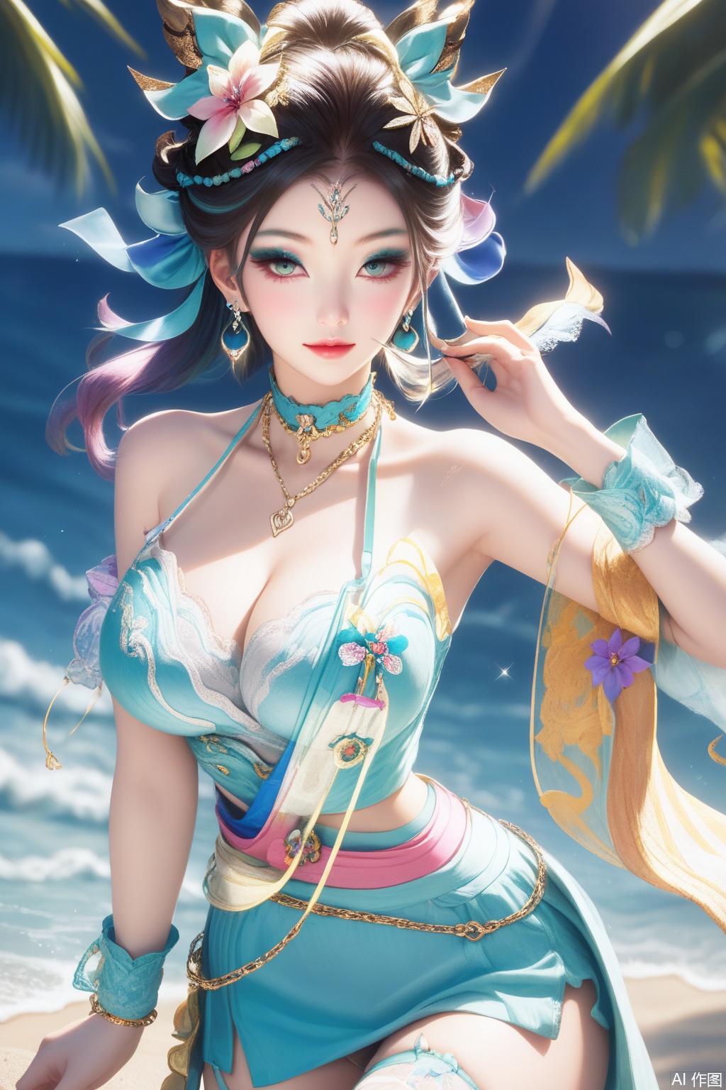score_9,score_8_up,score_7_up,,1girl, large breasts, (hair ornament1.4),hair ribbon, jewelry, collarbone, wrist cuffs,kanzashi,(halterneck1.3),earrings,jabot,chain necklace,wrist cuffs,neck garter,leg belt,thighhighs,hair flower,high quality, eyeshadow,upper body,looking at viewer,on the beach,on the beach,
