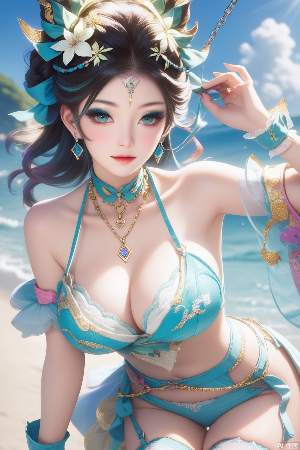 score_9,score_8_up,score_7_up,,1girl, large breasts, (hair ornament1.4),hair ribbon, jewelry, collarbone, wrist cuffs,kanzashi,(halterneck1.3),earrings,jabot,chain necklace,wrist cuffs,neck garter,leg belt,thighhighs,hair flower,high quality, eyeshadow,upper body,looking at viewer,on the beach,on the beach,

