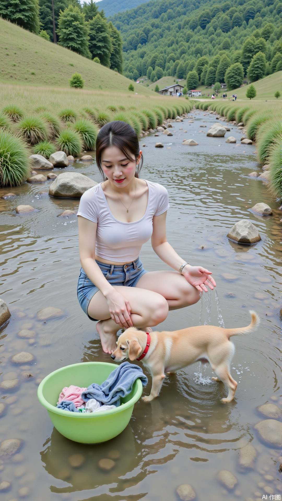 A young woman is washing clothes in a clear mountain stream, Large chest,wearing a white tight-fitting short-sleeved top and denim shorts, squatting barefoot in the water, with a Green wash basin next to her, containing several pieces of clothing, and a little yellow dog standing in the water, with a natural landscape of green trees, grass, and rocks in background, creating a fresh and natural scene.,juru2,ns