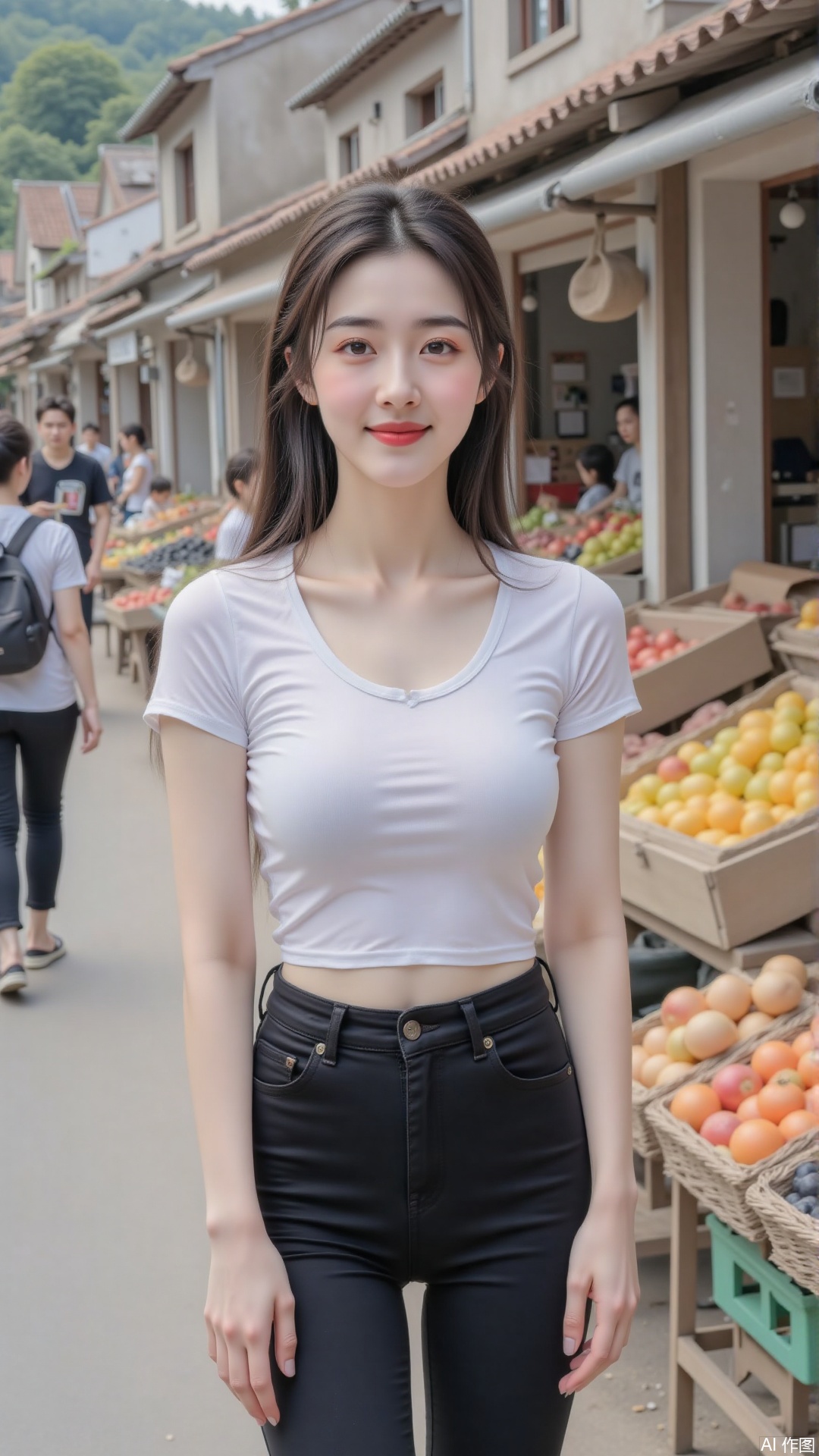 A young woman was standing in front of a fruit-selling stall on the street of a small town market, wearing a White tight-fitting short-sleeved top; black skinny jeans. The background is a lively market and some people who go to the market, forming a lively picture.,ns