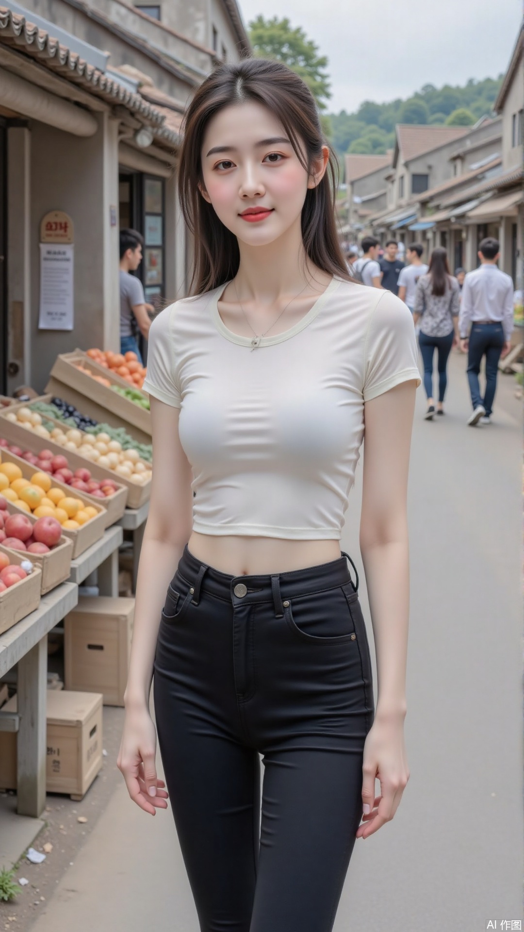 A young woman was standing in front of a fruit-selling stall on the street of a small town market, wearing a White tight-fitting short-sleeved top; black skinny jeans. The background is a lively market and some people who go to the market, forming a lively picture.,ns