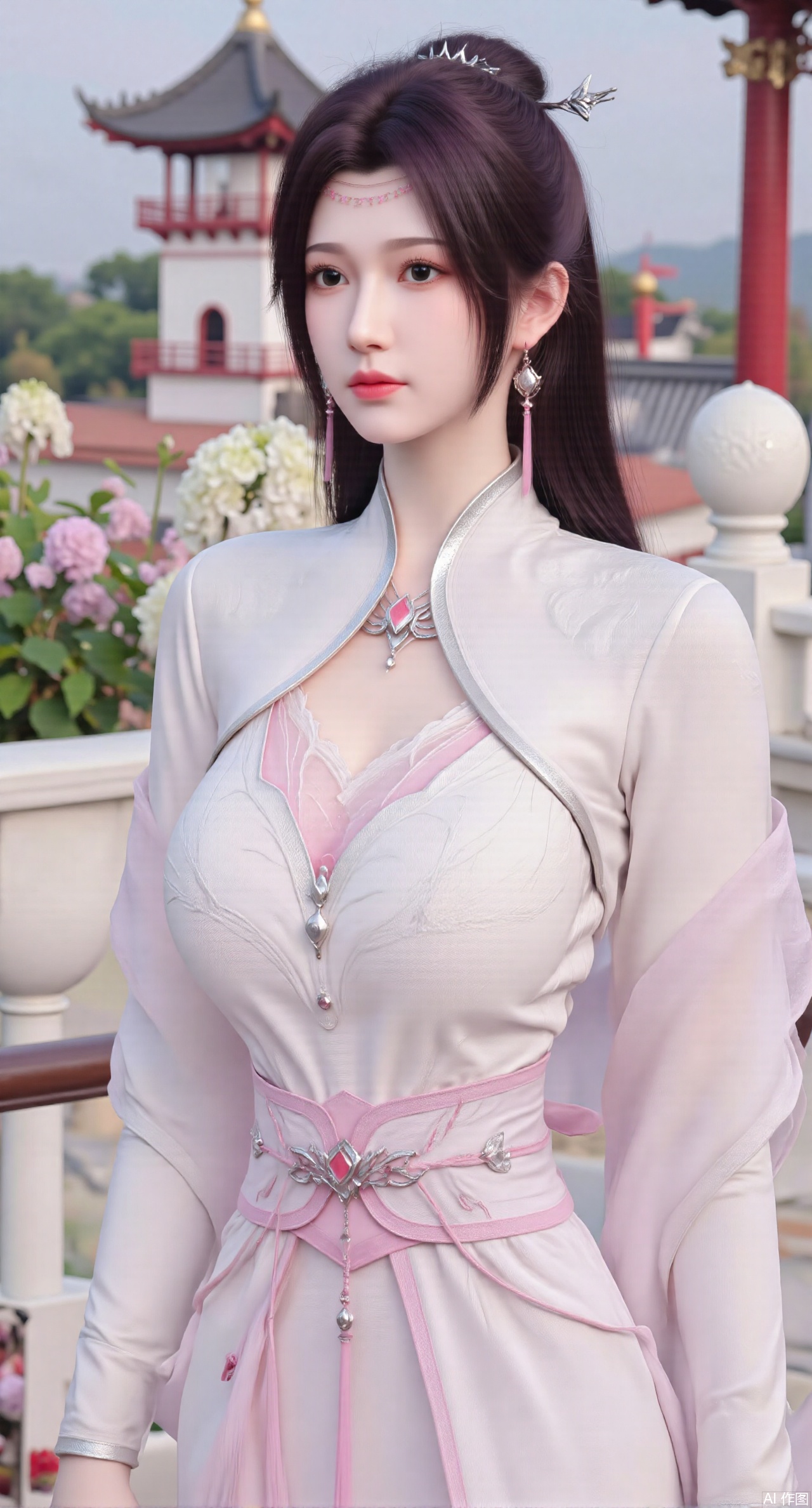 SFW,(masterpiece, top quality, best quality, official art, beautiful and aesthetic:1.2),Realistic,long dress,(Traditional Asian-inspired attire with a vibrant floral accessory and intricate hair ornament),realistic,hanfu photography,hanfu,1girl,fair_skin,glamor,very long hair,absurdres,incredibly absurdres,wallpaper,artbook,chinese_style_loft,turret,tower,handrail,plant,wisteria,spider_lily,face_focus,dynamic_angle,depth of field,looking_at_viewer,(huge breasts:2.99),(full breasts:2.99),(Hydrangea, hydrangea sea:1.59),XhaiyuejiCOS,Xpugongying,XyoulingniangCOS,XleidianjiangjunYF,Xshuilian,XbachongshenziCOS,XmengjianyueruixiCOS,XyunyunXYK,XshengcaierX2