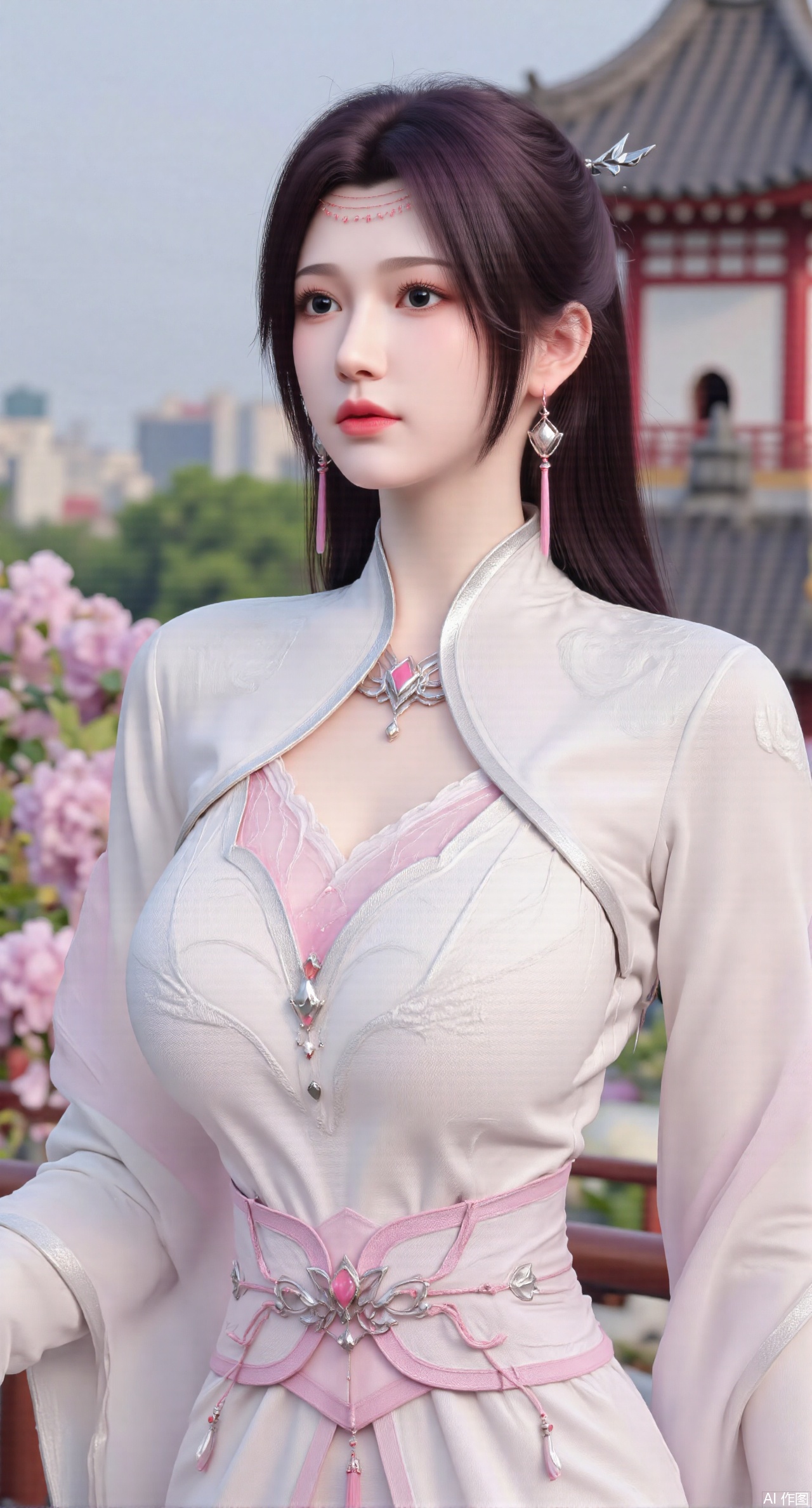 SFW,(masterpiece, top quality, best quality, official art, beautiful and aesthetic:1.2),Realistic,long dress,(Traditional Asian-inspired attire with a vibrant floral accessory and intricate hair ornament),realistic,hanfu photography,hanfu,1girl,fair_skin,glamor,very long hair,absurdres,incredibly absurdres,wallpaper,artbook,chinese_style_loft,turret,tower,handrail,plant,wisteria,spider_lily,face_focus,dynamic_angle,depth of field,looking_at_viewer,(huge breasts:2.99),(full breasts:2.99),(Hydrangea, hydrangea sea:1.59),XhaiyuejiCOS,Xpugongying,XyoulingniangCOS,XleidianjiangjunYF,Xshuilian,XbachongshenziCOS,XmengjianyueruixiCOS,XyunyunXYK,XshengcaierX2