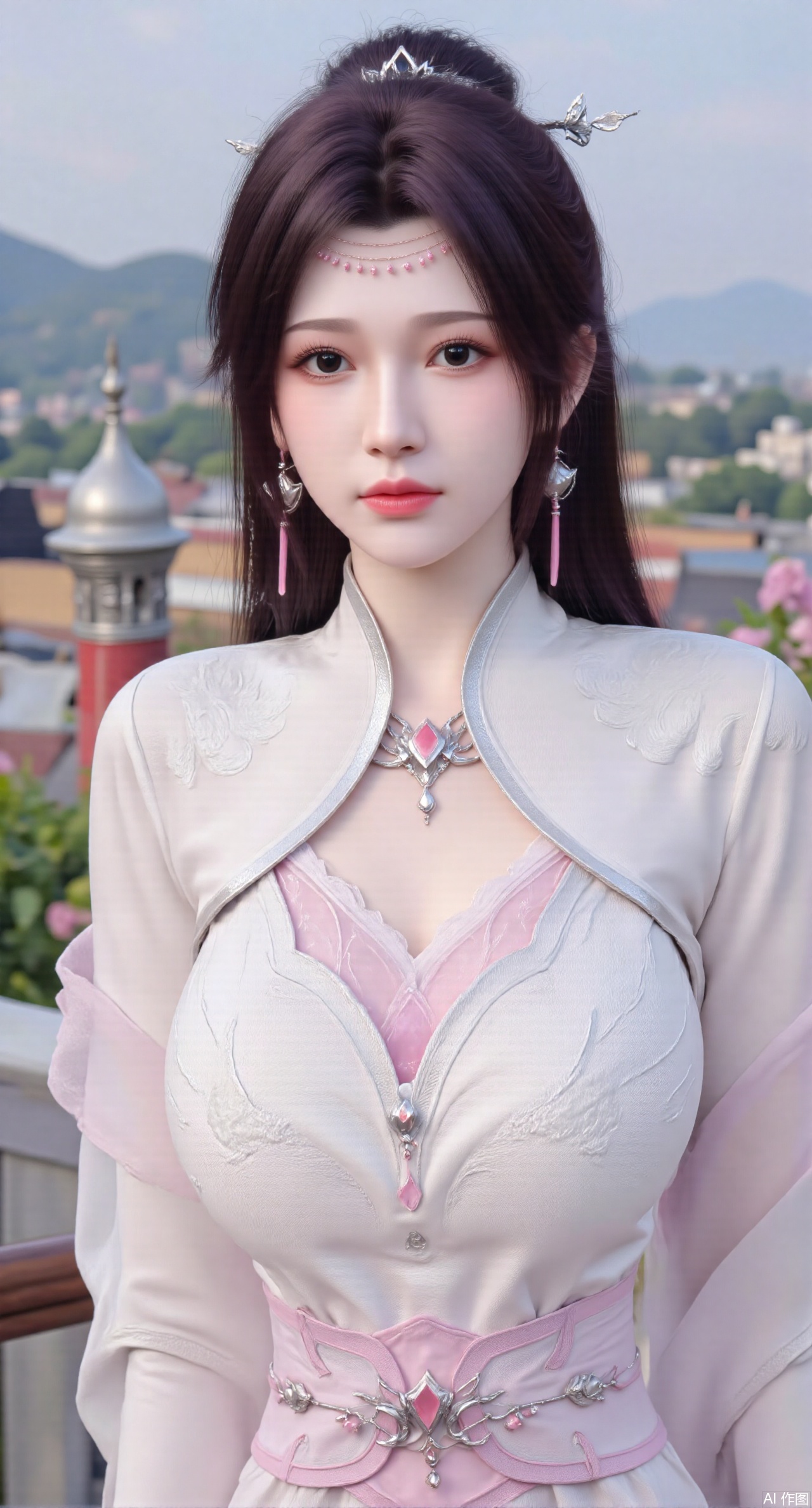 SFW,(masterpiece, top quality, best quality, official art, beautiful and aesthetic:1.2),Realistic,long dress,(Traditional Asian-inspired attire with a vibrant floral accessory and intricate hair ornament),realistic,hanfu photography,hanfu,1girl,fair_skin,glamor,very long hair,absurdres,incredibly absurdres,wallpaper,artbook,chinese_style_loft,turret,tower,handrail,plant,wisteria,spider_lily,face_focus,dynamic_angle,depth of field,looking_at_viewer,(huge breasts:2.99),(full breasts:2.99),(Hydrangea, hydrangea sea:1.59),XhaiyuejiCOS,Xpugongying,XyoulingniangCOS,XleidianjiangjunYF,Xshuilian,XbachongshenziCOS,XmengjianyueruixiCOS,XyunyunXYK,XshengcaierX2