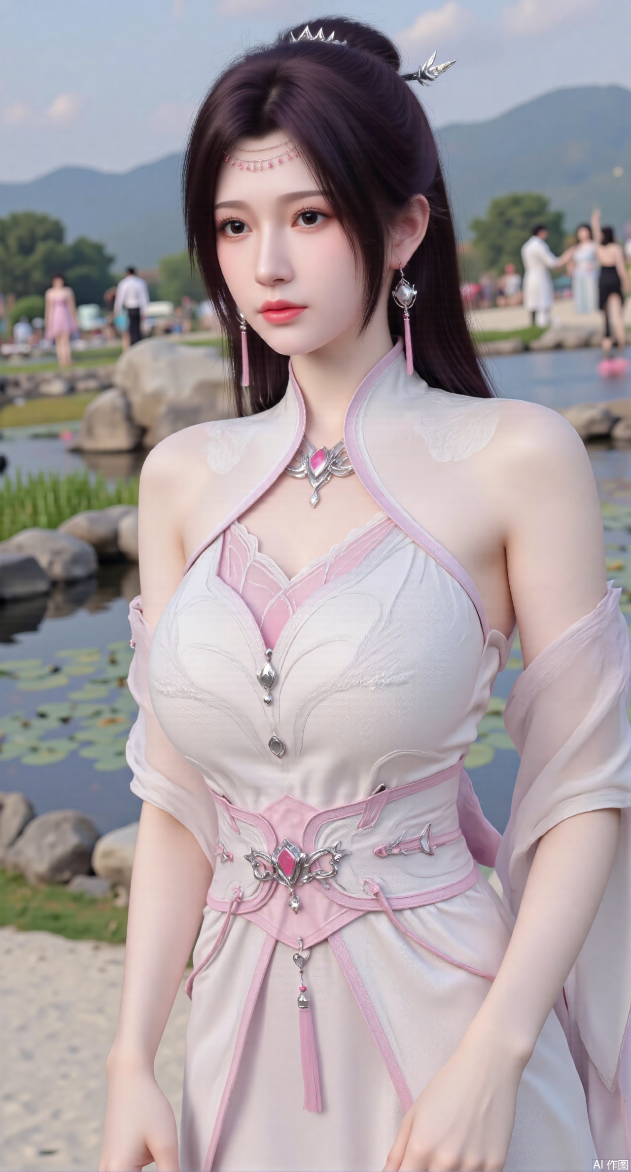 SFW,(masterpiece:1.2),best quality,absurdres,masterpiece,original,extremely detailed wallpaper,perfect lighting,1girl,solo,standing,looking at viewer,(cowboy_shot:1.23),black hair,long hair,long derss,high heels,blurry background,depth of field,motion blur,bare shouders,crystal_earrings,headpiece,hair_tie,chest_jewel,gem,necklace,jewelry,in summer,day,(outdoors,nature,sea:1.29),(Pond, water lilies,rose,beach:1.69),(huge breasts:2.99),(full breasts:2.99),XhaiyuejiCOS,Xpugongying,XyoulingniangCOS,XleidianjiangjunYF,Xshuilian,XbachongshenziCOS,XmengjianyueruixiCOS,XyunyunXYK,XshengcaierX2