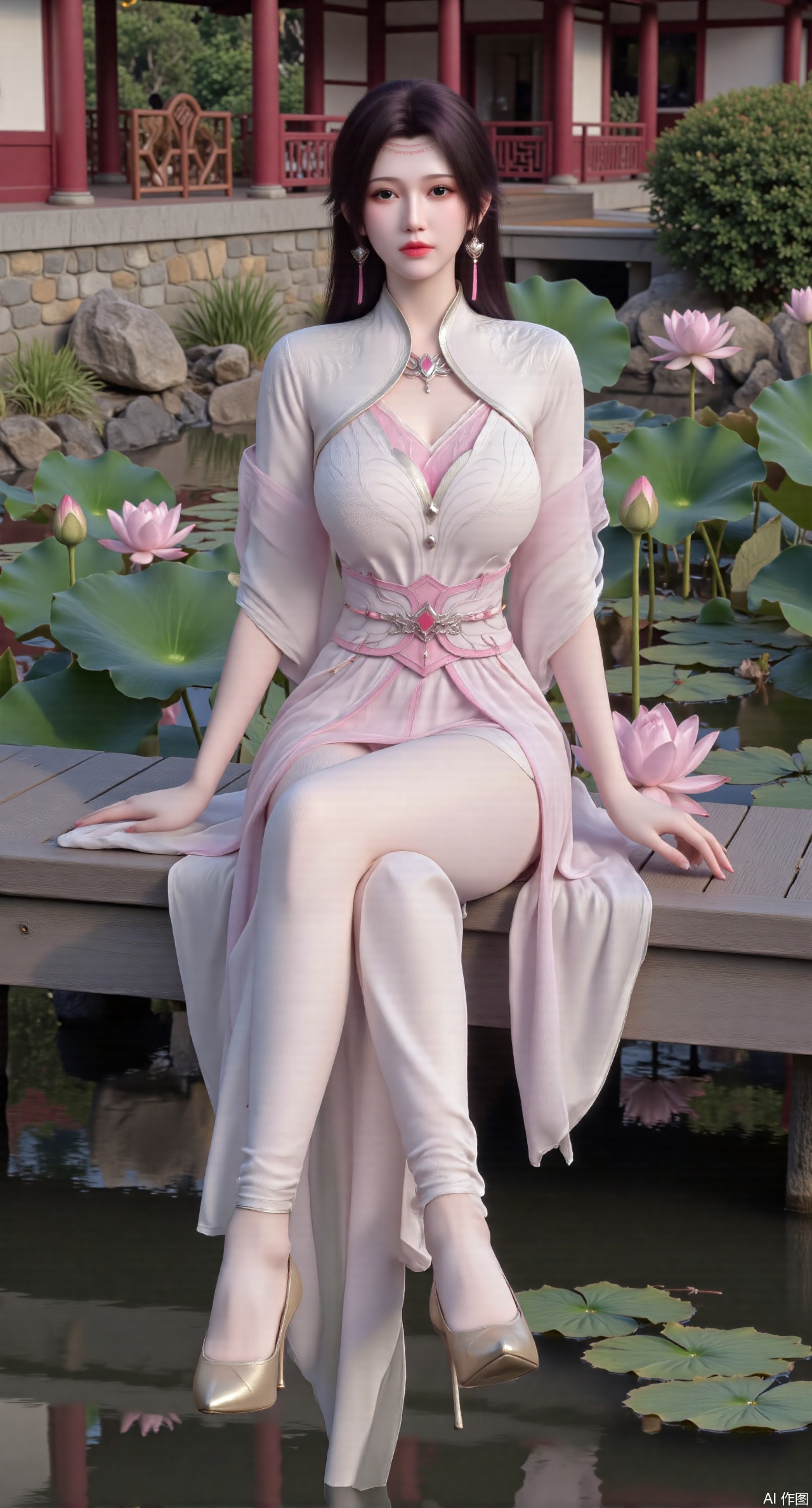 (masterpiece:1.2),best quality,The image is a digital illustration of a young woman sitting on a wooden bench in a pond with lily pads. She is wearing a long dress with design on the chest and sleeves. The dress has a high neckline and short sleeves,Holding a lotus in hand. She has long dark hair styled in loose waves and is wearing gold high heels. The woman is posing with one hand on her hip and the other resting on the edge of the bench. The background is filled with pink and white lotus flowers and green leaves. The overall mood of the image is peaceful and serene,(huge breasts:2.99),(full breasts:2.99),(Background with traditional Chinese architecture, lotus pond and pink lotus flowers:1.39),XhaiyuejiCOS,Xpugongying,XyoulingniangCOS,XleidianjiangjunYF,Xshuilian,XbachongshenziCOS,XmengjianyueruixiCOS,XyunyunXYK,XshengcaierX2