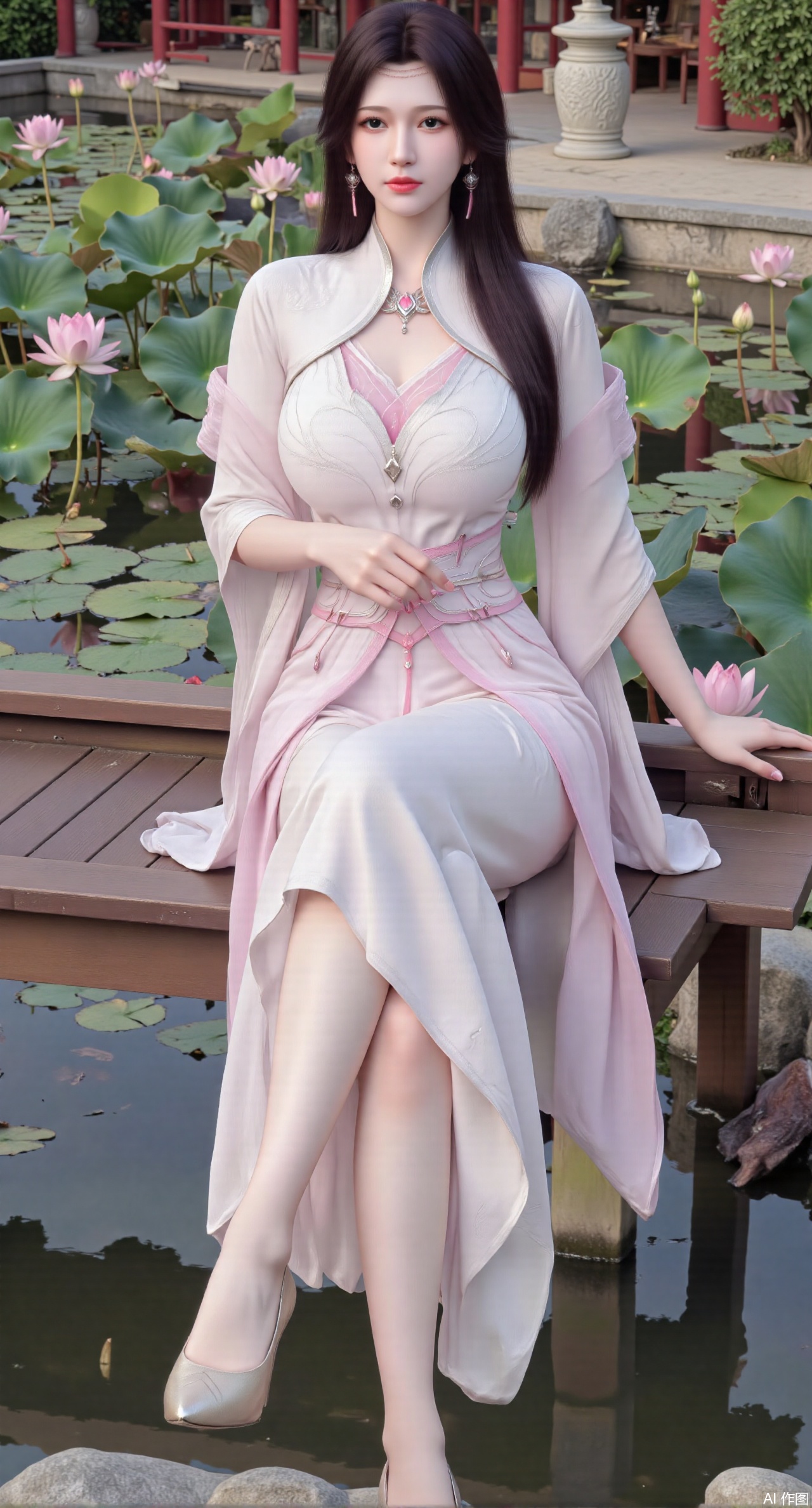 (masterpiece:1.2),best quality,The image is a digital illustration of a young woman sitting on a wooden bench in a pond with lily pads. She is wearing a long dress with design on the chest and sleeves. The dress has a high neckline and short sleeves,Holding a lotus in hand. She has long dark hair styled in loose waves and is wearing gold high heels. The woman is posing with one hand on her hip and the other resting on the edge of the bench. The background is filled with pink and white lotus flowers and green leaves. The overall mood of the image is peaceful and serene,(huge breasts:2.99),(full breasts:2.99),(Background with traditional Chinese architecture, lotus pond and pink lotus flowers:1.39),XhaiyuejiCOS,Xpugongying,XyoulingniangCOS,XleidianjiangjunYF,Xshuilian,XbachongshenziCOS,XmengjianyueruixiCOS,XyunyunXYK,XshengcaierX2