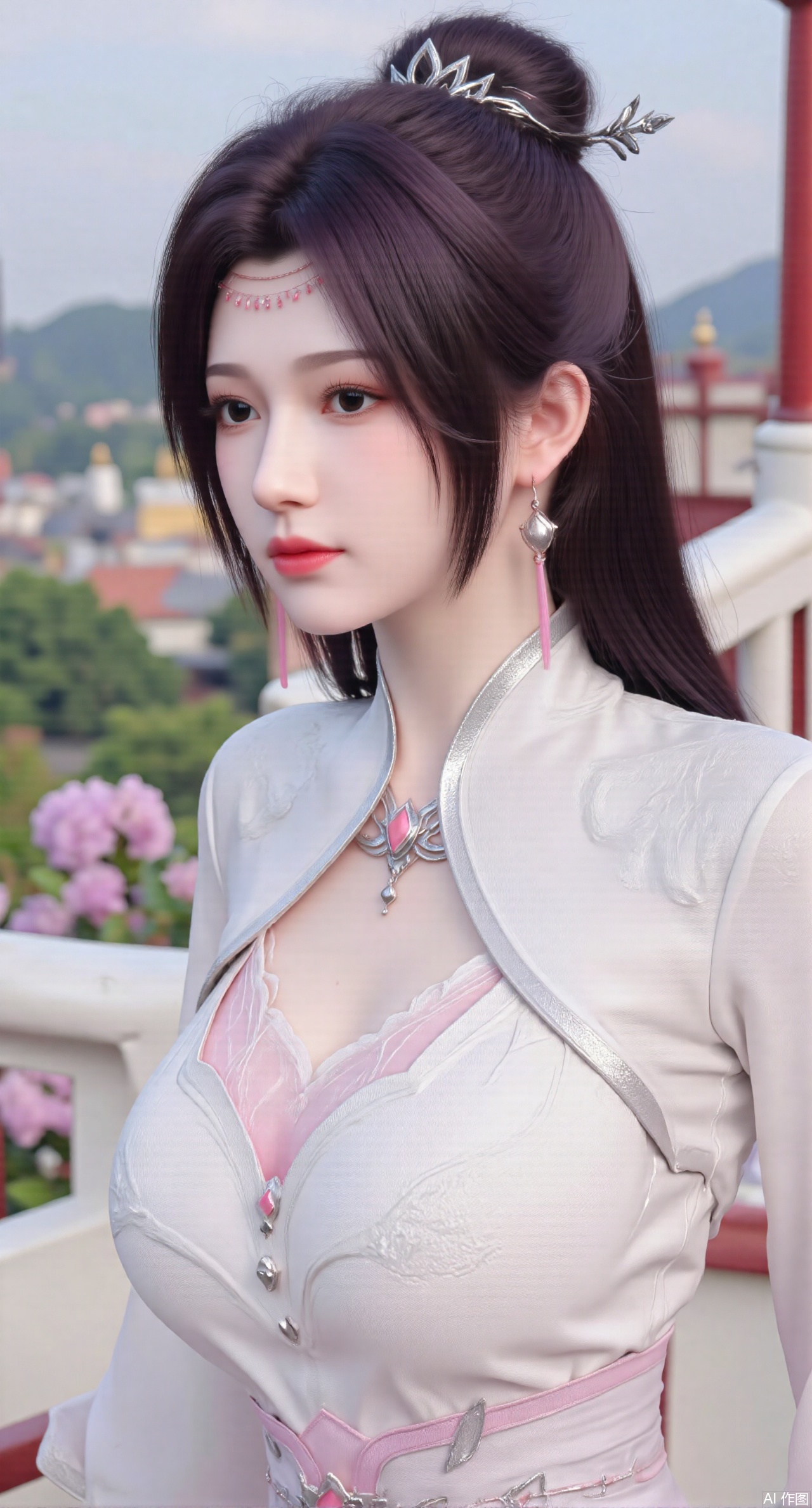 SFW,(masterpiece, top quality, best quality, official art, beautiful and aesthetic:1.2),Realistic,long dress,(Traditional Asian-inspired attire with a vibrant floral accessory and intricate hair ornament),realistic,hanfu photography,hanfu,1girl,fair_skin,glamor,very long hair,absurdres,incredibly absurdres,wallpaper,artbook,chinese_style_loft,turret,tower,handrail,plant,wisteria,spider_lily,face_focus,dynamic_angle,depth of field,looking_at_viewer,(huge breasts:2.99),(full breasts:2.99),(Hydrangea, hydrangea sea:1.59),XhaiyuejiCOS,Xpugongying,XyoulingniangCOS,XleidianjiangjunYF,Xshuilian,XbachongshenziCOS,XmengjianyueruixiCOS,XyunyunXYK,XshengcaierX2
