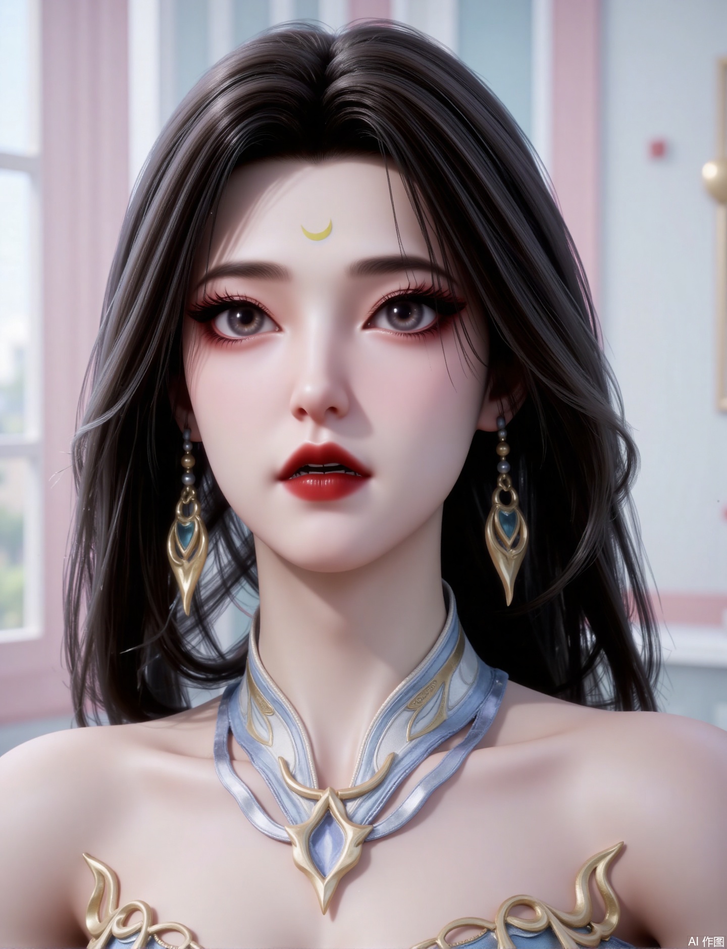 zichu-HE,1girl, solo, long hair, looking at viewer, black hair, jewelry, earrings, parted lips, teeth, black eyes, lips, makeup, facial mark, lipstick, crescent, portrait, forehead mark, red lips