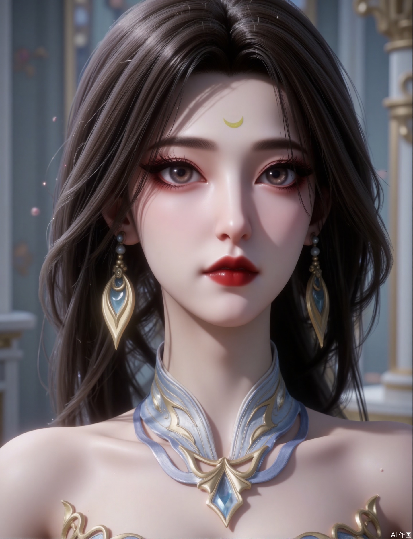 zichu-HE,1girl, solo, long hair, looking at viewer, black hair, jewelry, earrings, parted lips, teeth, black eyes, lips, makeup, facial mark, lipstick, crescent, portrait, forehead mark, red lips
