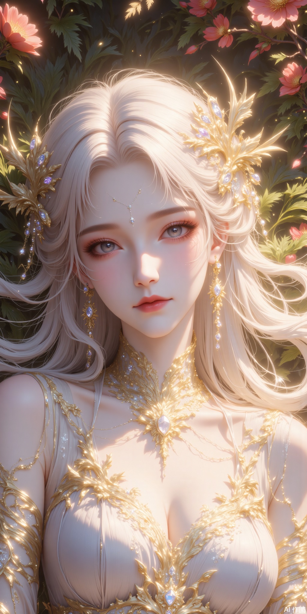 In official art, aesthetics and dreamy style, this beautiful female image has long flowing white hair. She was dressed in transparent ancient Chinese costumes, themed with golden oblique stripes, decorated with exquisite floral and geometric patterns, as well as delicate golden crystals. She lay on the grass with flowers, facing the audience, wearing crystal headdresses and earrings, and a small diamond-like decoration on her forehead. The red mulberry leaves floating in the background create a mysterious and dreamy atmosphere. The overall style is meticulous, beautiful and full of fantasy.