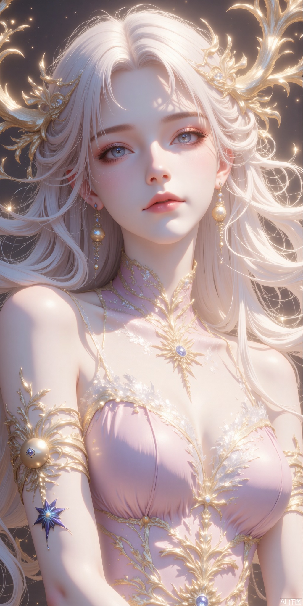 The image is a digital art rendered by CGI, in which a young woman has a pale, ethereal appearance, lying in a low, dramatic pose. Her shoulders had long flowing white hair, and her eyes were open, giving her a quiet, almost meditative expression. Her skin is smooth and fair, slightly translucent, suggesting a supernatural or otherworldly qualities. She wore a pink sleeveless top with intricate design, a high collar and a gold arm bell on her left arm. A mysterious symbol similar to a star or a five-pointed star is tattooed on her left forearm and has a faint blue color.