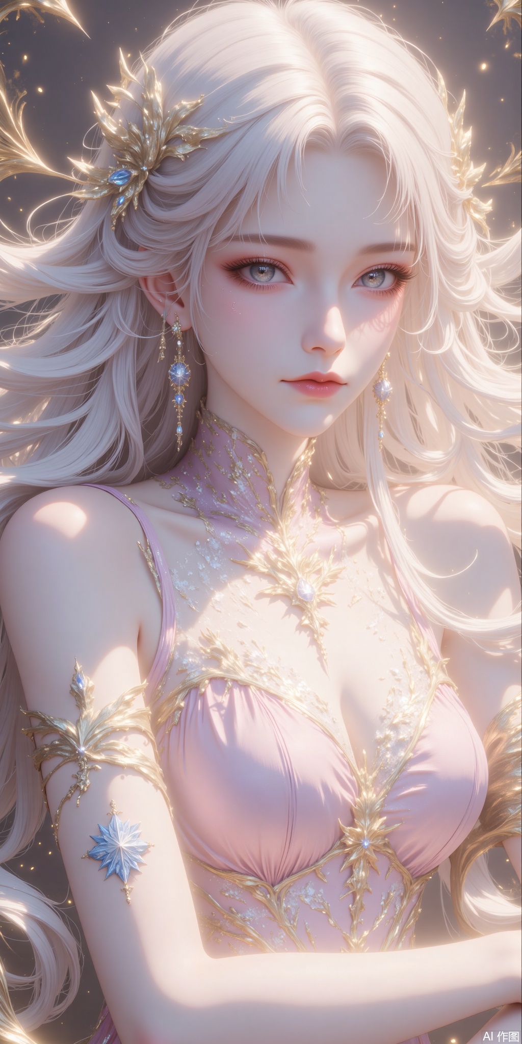 The image is a digital art rendered by CGI, in which a young woman has a pale, ethereal appearance, lying in a low, dramatic pose. Her shoulders had long flowing white hair, and her eyes were open, giving her a quiet, almost meditative expression. Her skin is smooth and fair, slightly translucent, suggesting a supernatural or otherworldly qualities. She wore a pink sleeveless top with intricate design, a high collar and a gold arm bell on her left arm. A mysterious symbol similar to a star or a five-pointed star is tattooed on her left forearm and has a faint blue color.