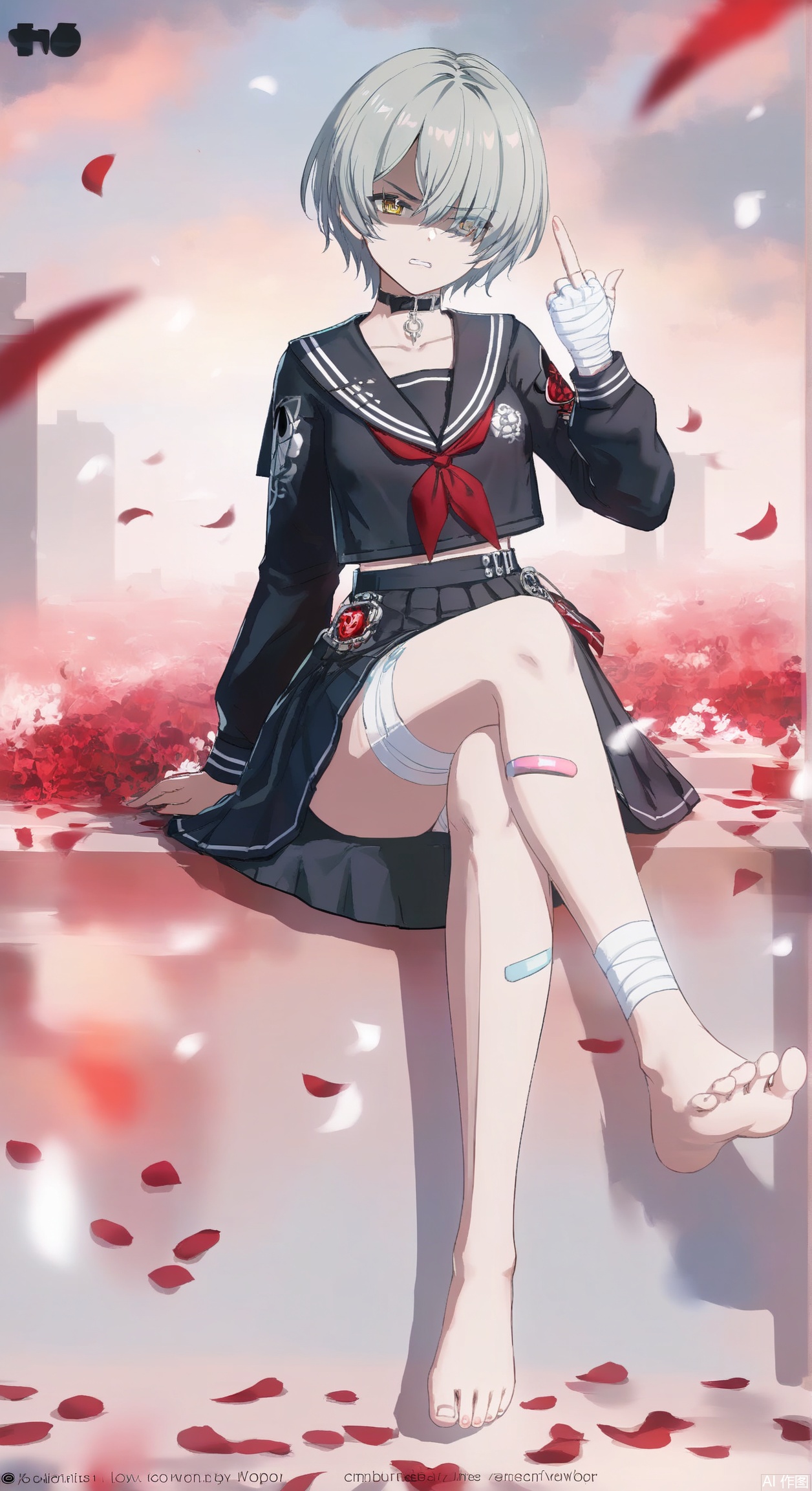  bazhi,1girl, solo,short hair, skirt, shirt, long sleeves, school uniform,collarbone, yellow eyes, grey hair, pleated skirt, serafuku, choker,black skirt, sailor collar, hair over one eye, neckerchief, black choker, bandages, eyes visible through hair, bandaid, red neckerchief, black serafuku, bandaged leg, bandaid on leg, bandaged hand,shaded face, middle finger, disgust,barefoot,soles,foot focus,5toes,crossed_legs_(sitting),
, (wlop:0.8),((artist:reoen),(artist:fuzichoco),(artist:atdan),(artist:torino_aqua),year 2024:0.8),[artist:wlop],[artist:ningen_mame],artist:ciloranko,[[artist:rhasta]],artist:tidsean,colorful,best quality,very aesthetic,absurdres,32K UHD,sharp focus,best-quality,Emotionalization,temperate atmosphere,with a high-end texture,in the style of fashion photography,Dynamic, dynamic force picture, (Visual impact:1.2),impactful picture,offcial art,yata