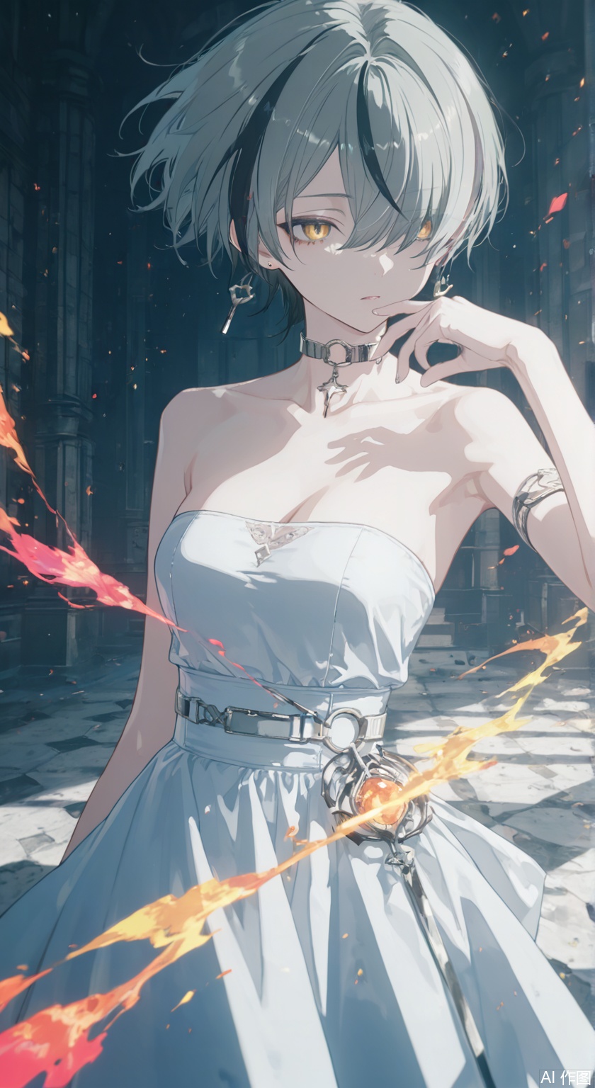 masterpiece, best quality, high quality, extremely detailed CG unity 8k wallpaper, extremely detailed, High Detail, vibrant colors, anime style, cover art,(wanke:0.8),(mon (monmon2133):0.5),(mochizuki kei:0.95), (tira 27:0.7),extreme aesthetic,masterpiece,best quality,good quality,newest,very aesthetic,absurdres,Visual impact,32K UHD,colorful,sharp focus,impactful picture,offcial art, 
yata,1girl,grey hair,hair over one eye,solo, best quality, aesthetic, detailed, girlish,alternate costume, short hair, breasts, dress, bare shoulders, black hair, yellow eyes,streaked hair, white dress, strapless, floating hair, strapless dress,anime aesthetic,
