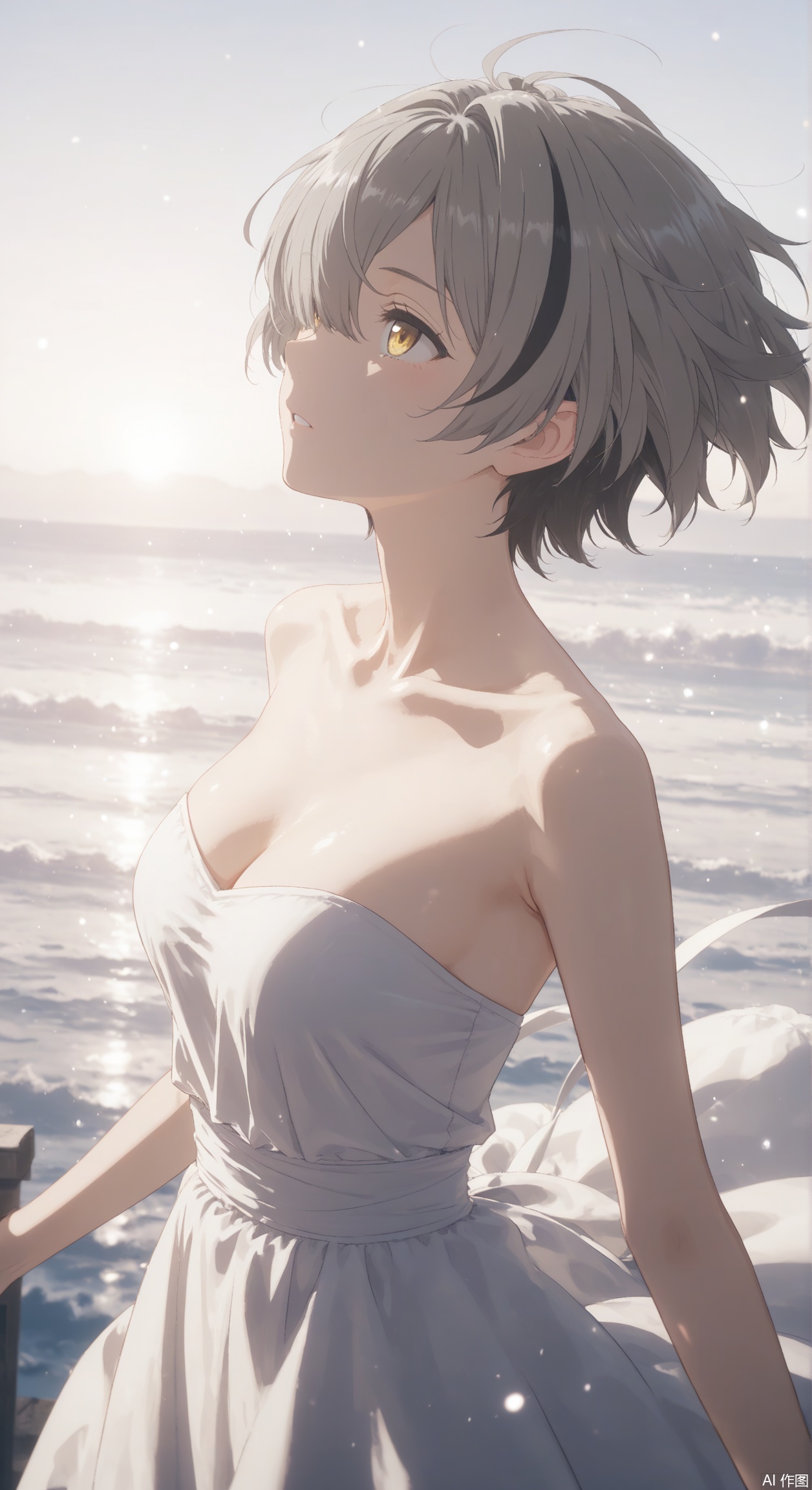 
yata,1girl,grey hair,hair over one eye,solo, best quality, aesthetic, detailed, girlish,alternate costume, short hair, breasts, dress, bare shoulders, black hair, yellow eyes,streaked hair, white dress, strapless, floating hair, strapless dress,anime aesthetic,sea,windy,floating hair,,floating dress,from above,looking up,