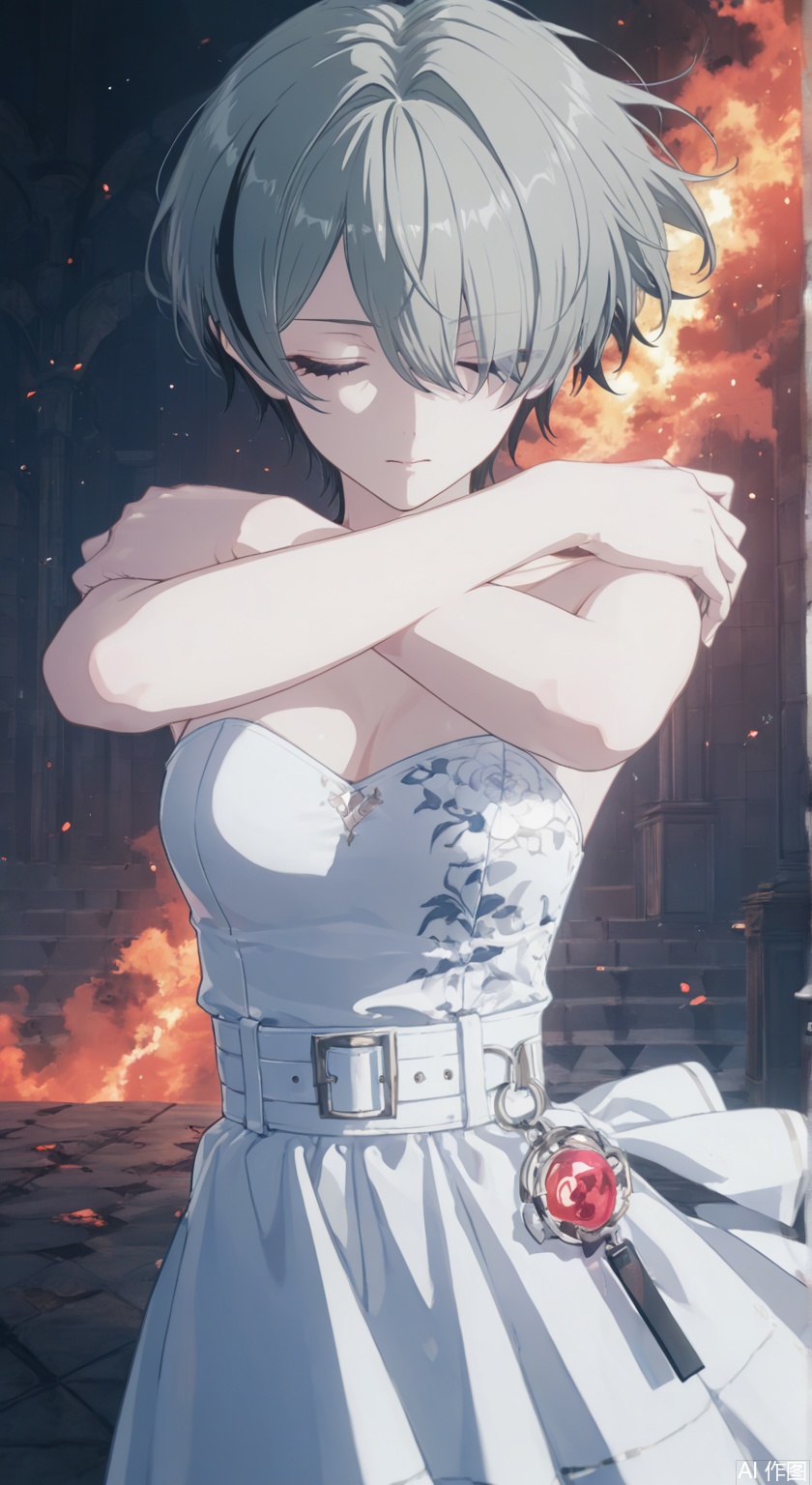 masterpiece, best quality, high quality, extremely detailed CG unity 8k wallpaper, extremely detailed, High Detail, vibrant colors, anime style, cover art,(wanke:0.8),(mon (monmon2133):0.5),(mochizuki kei:0.95), (tira 27:0.7),extreme aesthetic,masterpiece,best quality,good quality,newest,very aesthetic,absurdres,Visual impact,32K UHD,colorful,sharp focus,impactful picture,offcial art, 
yata,1girl,grey hair,hair over one eye,solo, best quality, aesthetic, detailed, girlish,alternate costume, short hair, breasts, dress, bare shoulders, black hair, closed eyes, hugging herself, arms crossed over chest, self-embrace, white dress, strapless, floating hair, strapless dress,anime aesthetic,