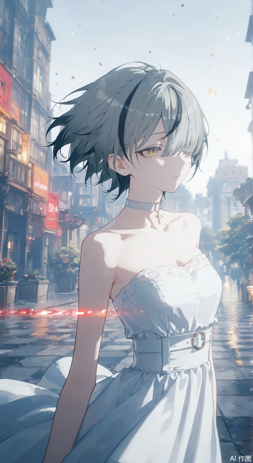 masterpiece, best quality, high quality, extremely detailed CG unity 8k wallpaper, extremely detailed, High Detail, vibrant colors, anime style, cover art,(wanke:0.8),(mon (monmon2133):0.5),(mochizuki kei:0.95), (tira 27:0.7),extreme aesthetic,masterpiece,best quality,good quality,newest,very aesthetic,absurdres,Visual impact,32K UHD,colorful,sharp focus,impactful picture,offcial art, 
yata,1girl,grey hair,hair over one eye,solo, best quality, aesthetic, detailed, girlish,alternate costume, short hair, breasts, dress, bare shoulders, black hair, yellow eyes,streaked hair, white dress, strapless, floating hair, strapless dress,anime aesthetic,