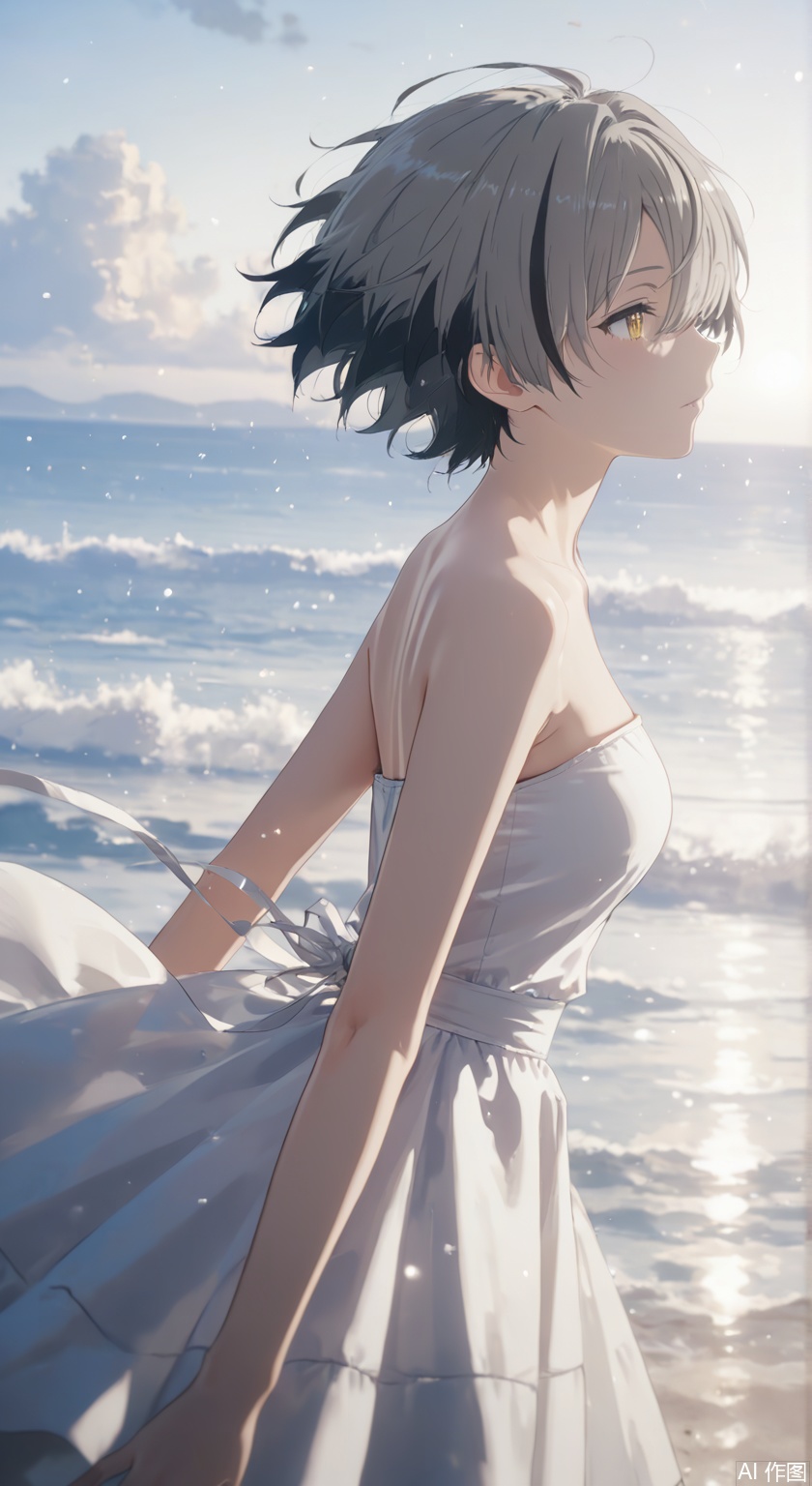 
yata,1girl,grey hair,hair over one eye,solo, best quality, aesthetic, detailed, girlish,alternate costume, short hair, breasts, dress, bare shoulders, black hair, yellow eyes,streaked hair, white dress, strapless, floating hair, strapless dress,anime aesthetic,sea,windy,floating hair,from side,floating dress