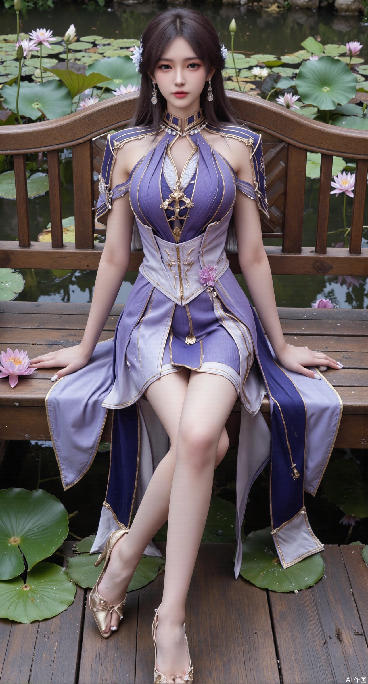  (masterpiece:1.2),best quality,The image is a digital illustration of a young woman sitting on a wooden bench in a pond with lily pads. She is wearing a long dress with design on the chest and sleeves. The dress has a high neckline and short sleeves,Holding a lotus in hand. She has long dark hair styled in loose waves and is wearing gold high heels. The woman is posing with one hand on her hip and the other resting on the edge of the bench. The background is filled with pink and white lotus flowers and green leaves. The overall mood of the image is peaceful and serene,(huge breasts:2.99),(full breasts:2.99),(Background with traditional Chinese architecture,Pond, water lilies:1.39),,XzhihuaX,Xleidianjiangjun,Xyuenanaodai,XmeiningSMW,XhaiyuejiCosplay,Xyoulingniang,XbachongshenziCOS,XjiaodaiqunDHL,Xshuilian,Xhujiaoer,XshanhugongxinhaiCOS,XshengcaierX2