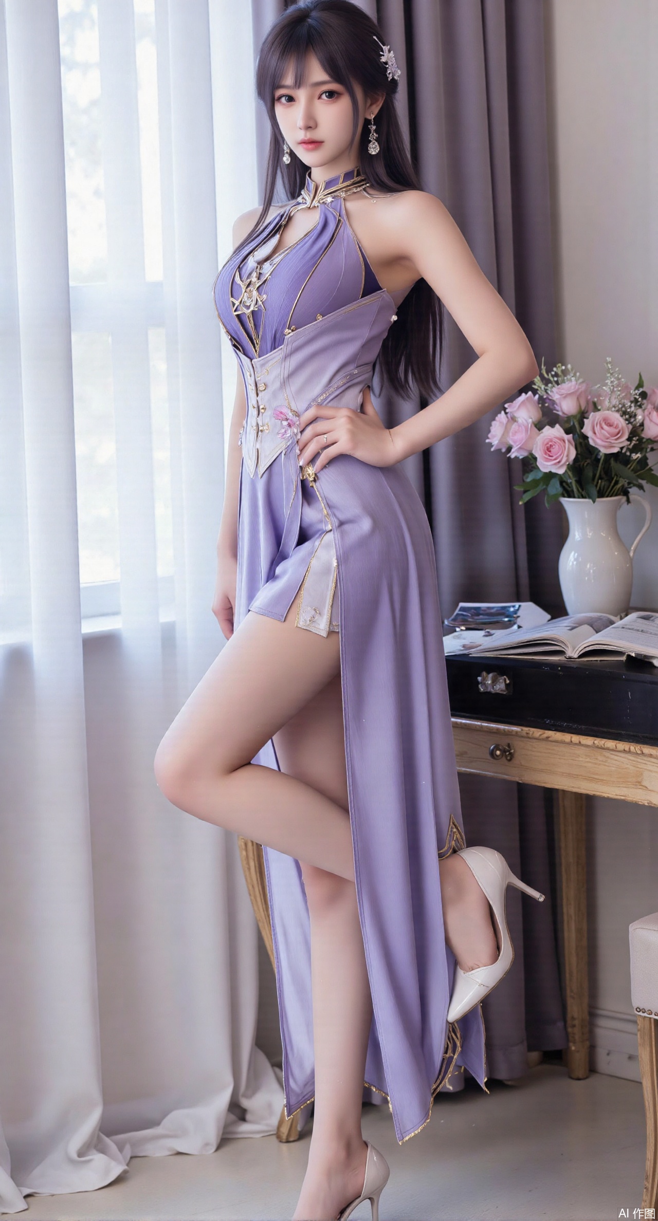  (masterpiece:1.2),best quality,Ultra clear, wallpaper, 8k, masterpiece, 1girl, solo, long hair, breasts, looking at viewer, bangs, large breasts,long dress,, bare shoulders, jewelry, black hair, standing, purple eyes, full body, flower, thighs, indoors, hair bun, long dress, high heels, see-through, book, bare legs, window, table, white footwear, standing on one leg, curtains, pink flower, side slit, vase,(huge breasts:2.99),(full breasts:2.99),(pink rose flowers:1.59),,XzhihuaX,Xleidianjiangjun,Xyuenanaodai,XmeiningSMW,XhaiyuejiCosplay,Xyoulingniang,XbachongshenziCOS,XjiaodaiqunDHL,Xshuilian,Xhujiaoer,XshanhugongxinhaiCOS,XshengcaierX2