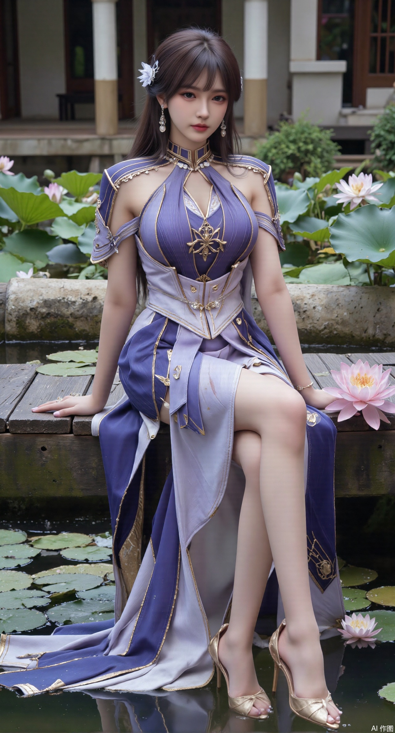  (masterpiece:1.2),best quality,The image is a digital illustration of a young woman sitting on a wooden bench in a pond with lily pads. She is wearing a long dress with design on the chest and sleeves. The dress has a high neckline and short sleeves,Holding a lotus in hand. She has long dark hair styled in loose waves and is wearing gold high heels. The woman is posing with one hand on her hip and the other resting on the edge of the bench. The background is filled with pink and white lotus flowers and green leaves. The overall mood of the image is peaceful and serene,(huge breasts:2.99),(full breasts:2.99),(Background with traditional Chinese architecture,Pond, water lilies:1.39),,XzhihuaX,Xleidianjiangjun,Xyuenanaodai,XmeiningSMW,XhaiyuejiCosplay,Xyoulingniang,XbachongshenziCOS,XjiaodaiqunDHL,Xshuilian,Xhujiaoer,XshanhugongxinhaiCOS,XshengcaierX2