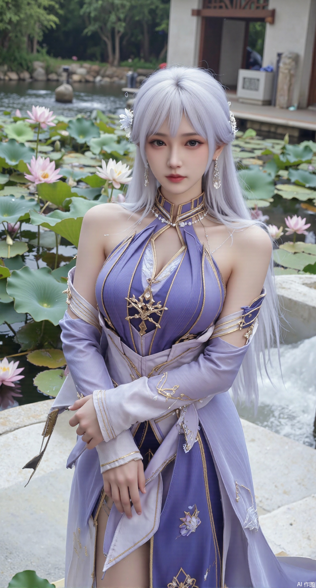 (masterpiece, best quality:1.2),A celestial maiden in Hanfu stands on a cloud, ethereal silk robes fluttering in the wind, swirling sea of clouds beneath her feet, (background reveals the emerald lotus pond of Penglai Wonderland with blooming pink-white lotuses:1.29), golden koi fish swimming in translucent water, soft morning light piercing through mist, ultra HD rendering showcases intricate embroidery on Hanfu, 8K detail captures dewdrops on lotus petals, dynamic lighting effects emphasize swirling mist movement, panoramic composition creates ethereal celestial atmosphere,(huge breasts:2.99),(full breasts:2.99),(Background with traditional Chinese architecture,Pond, water lilies:1.39),),,XzhihuaX,Xleidianjiangjun,Xyuenanaodai,XmeiningSMW,XhaiyuejiCosplay,Xyoulingniang,XbachongshenziCOS,XjiaodaiqunDHL,Xshuilian,Xhujiaoer,XshanhugongxinhaiCOS,XshengcaierX2