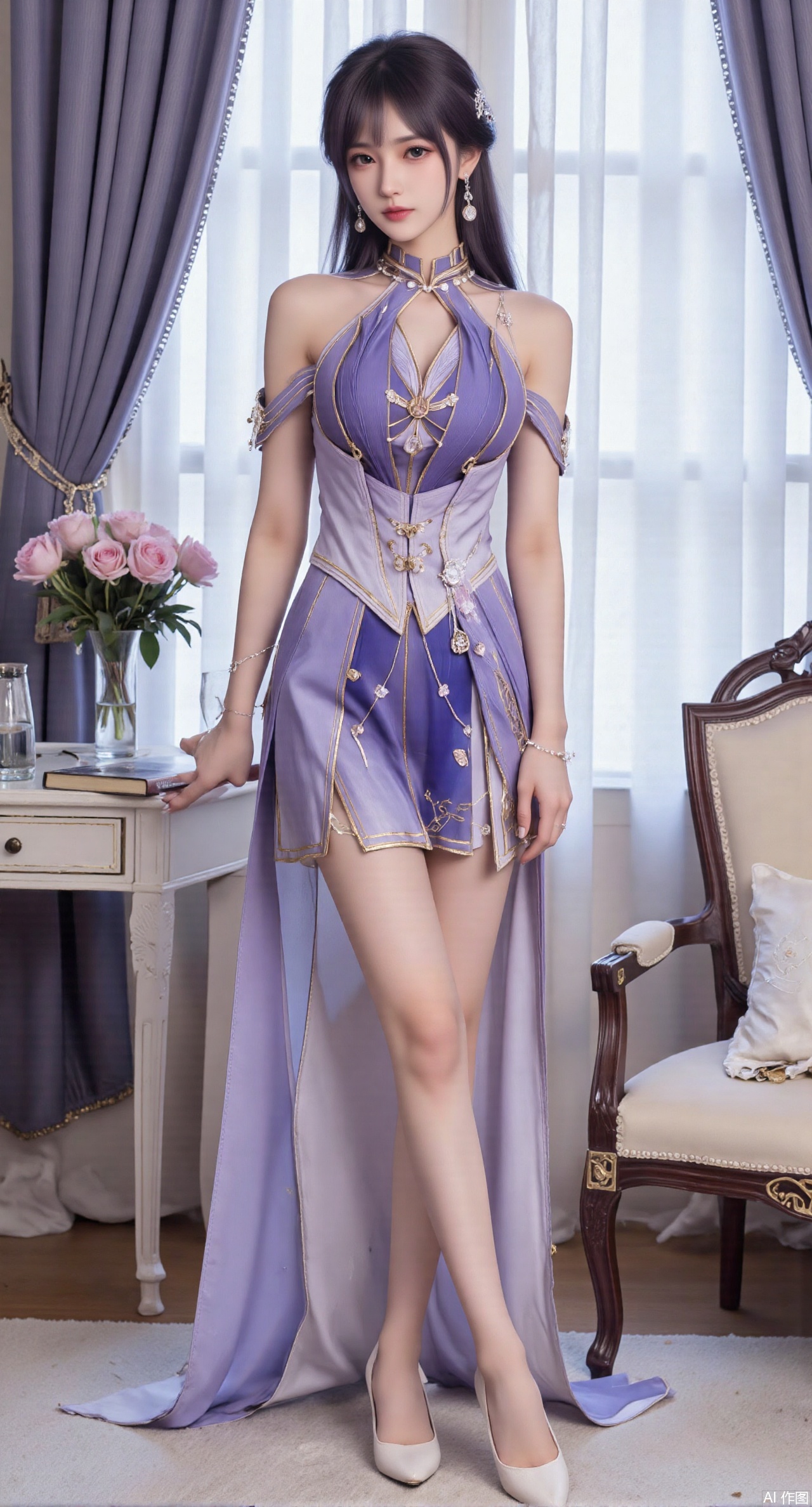  (masterpiece:1.2),best quality,Ultra clear, wallpaper, 8k, masterpiece, 1girl, solo, long hair, breasts, looking at viewer, bangs, large breasts,long dress,, bare shoulders, jewelry, black hair, standing, purple eyes, full body, flower, thighs, indoors, hair bun, long dress, high heels, see-through, book, bare legs, window, table, white footwear, standing on one leg, curtains, pink flower, side slit, vase,(huge breasts:2.99),(full breasts:2.99),(pink rose flowers:1.59),,XzhihuaX,Xleidianjiangjun,Xyuenanaodai,XmeiningSMW,XhaiyuejiCosplay,Xyoulingniang,XbachongshenziCOS,XjiaodaiqunDHL,Xshuilian,Xhujiaoer,XshanhugongxinhaiCOS,XshengcaierX2