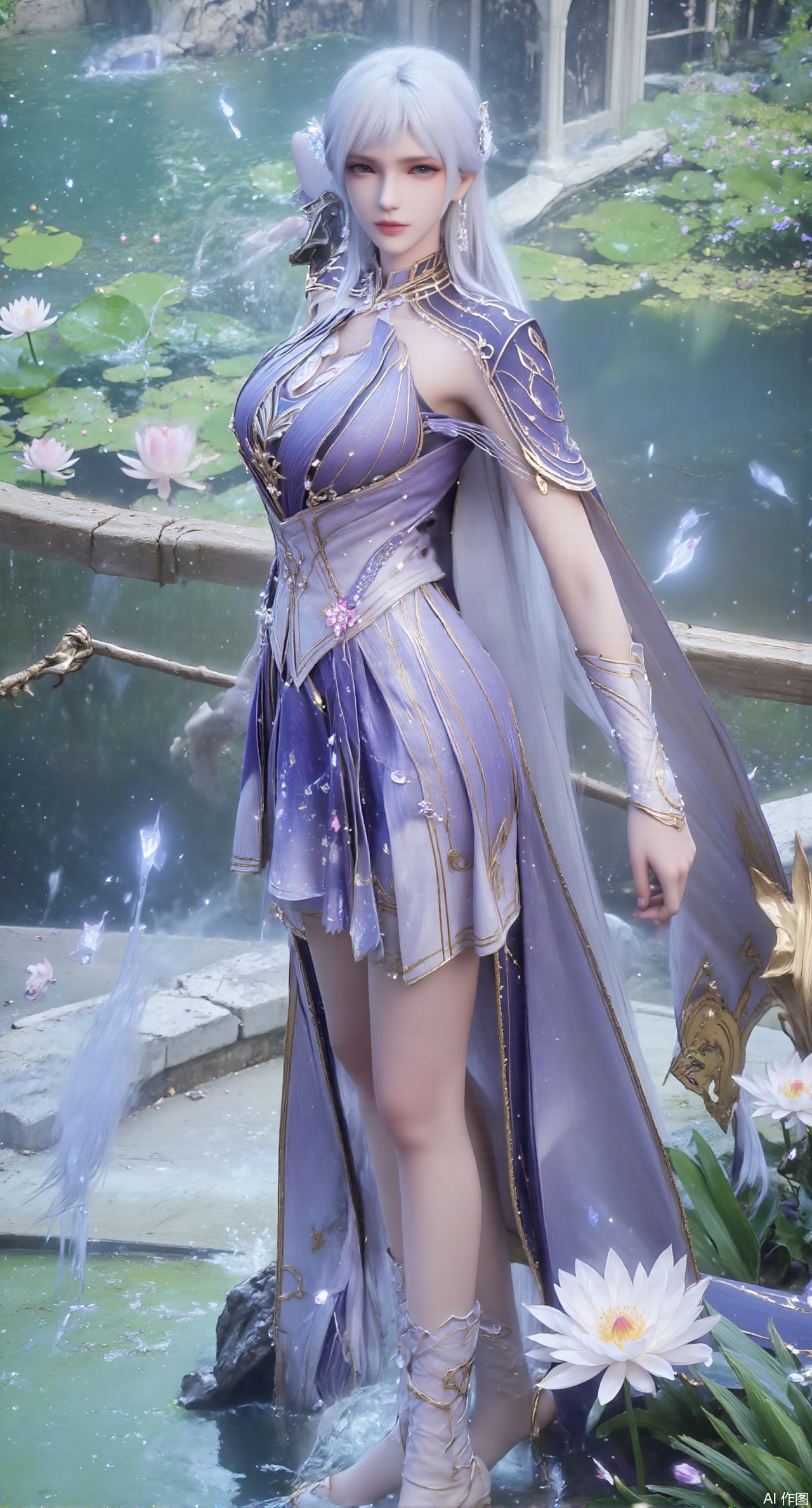 (masterpiece, best quality:1.2),A celestial maiden in Hanfu stands on a cloud, ethereal silk robes fluttering in the wind, swirling sea of clouds beneath her feet, (background reveals the emerald lotus pond of Penglai Wonderland with blooming pink-white lotuses:1.29), golden koi fish swimming in translucent water, soft morning light piercing through mist, ultra HD rendering showcases intricate embroidery on Hanfu, 8K detail captures dewdrops on lotus petals, dynamic lighting effects emphasize swirling mist movement, panoramic composition creates ethereal celestial atmosphere,(huge breasts:2.99),(full breasts:2.99),(Background with traditional Chinese architecture,Pond, water lilies:1.39),),,XzhihuaX,Xleidianjiangjun,Xyuenanaodai,XmeiningSMW,XhaiyuejiCosplay,Xyoulingniang,XbachongshenziCOS,XjiaodaiqunDHL,Xshuilian,Xhujiaoer,XshanhugongxinhaiCOS,XshengcaierX2