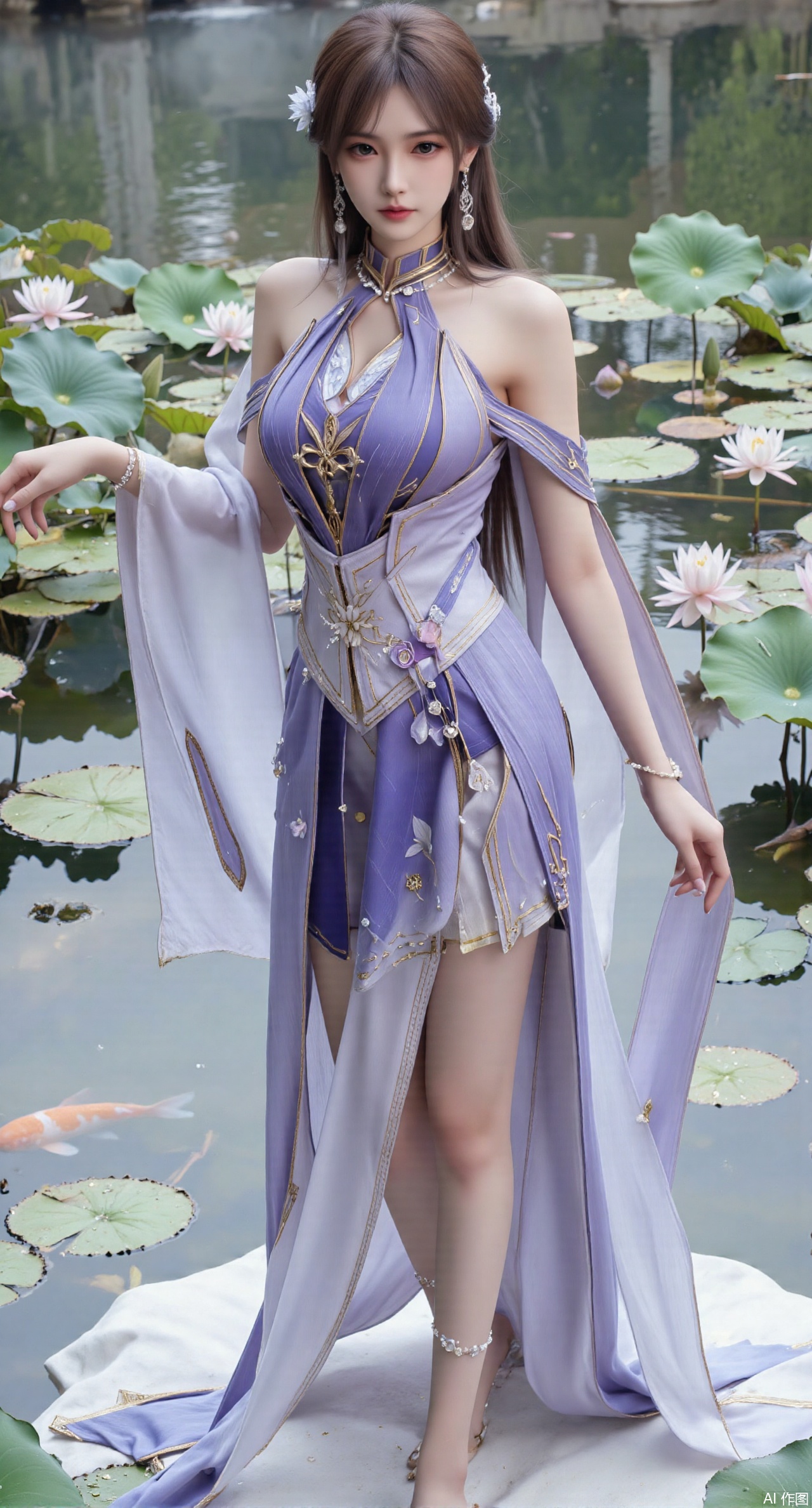 (masterpiece, best quality:1.2),A celestial maiden in Hanfu stands on a cloud, ethereal silk robes fluttering in the wind, swirling sea of clouds beneath her feet, (background reveals the emerald lotus pond of Penglai Wonderland with blooming pink-white lotuses:1.29), golden koi fish swimming in translucent water, soft morning light piercing through mist, ultra HD rendering showcases intricate embroidery on Hanfu, 8K detail captures dewdrops on lotus petals, dynamic lighting effects emphasize swirling mist movement, panoramic composition creates ethereal celestial atmosphere,(huge breasts:2.99),(full breasts:2.99),(Background with traditional Chinese architecture,Pond, water lilies:1.39),),,XzhihuaX,Xleidianjiangjun,Xyuenanaodai,XmeiningSMW,XhaiyuejiCosplay,Xyoulingniang,XbachongshenziCOS,XjiaodaiqunDHL,Xshuilian,Xhujiaoer,XshanhugongxinhaiCOS,XshengcaierX2