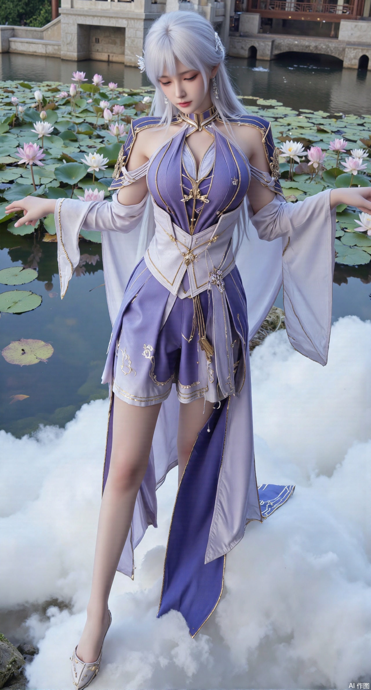 (masterpiece, best quality:1.2),A celestial maiden in Hanfu stands on a cloud, ethereal silk robes fluttering in the wind, swirling sea of clouds beneath her feet, (background reveals the emerald lotus pond of Penglai Wonderland with blooming pink-white lotuses:1.29), golden koi fish swimming in translucent water, soft morning light piercing through mist, ultra HD rendering showcases intricate embroidery on Hanfu, 8K detail captures dewdrops on lotus petals, dynamic lighting effects emphasize swirling mist movement, panoramic composition creates ethereal celestial atmosphere,(huge breasts:2.99),(full breasts:2.99),(Background with traditional Chinese architecture,Pond, water lilies:1.39),),,XzhihuaX,Xleidianjiangjun,Xyuenanaodai,XmeiningSMW,XhaiyuejiCosplay,Xyoulingniang,XbachongshenziCOS,XjiaodaiqunDHL,Xshuilian,Xhujiaoer,XshanhugongxinhaiCOS,XshengcaierX2