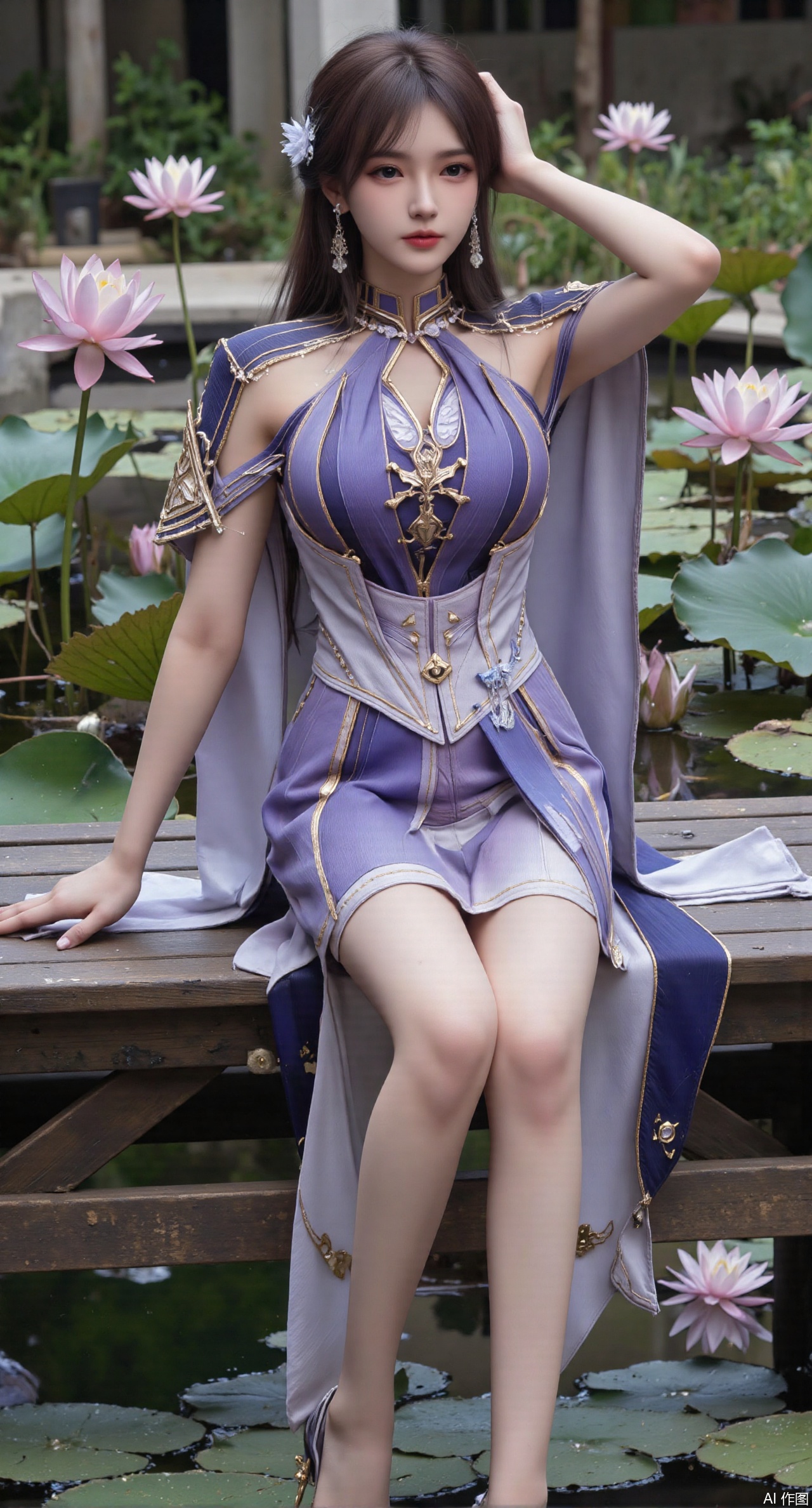  (masterpiece:1.2),best quality,The image is a digital illustration of a young woman sitting on a wooden bench in a pond with lily pads. She is wearing a long dress with design on the chest and sleeves. The dress has a high neckline and short sleeves,Holding a lotus in hand. She has long dark hair styled in loose waves and is wearing gold high heels. The woman is posing with one hand on her hip and the other resting on the edge of the bench. The background is filled with pink and white lotus flowers and green leaves. The overall mood of the image is peaceful and serene,(huge breasts:2.99),(full breasts:2.99),(Background with traditional Chinese architecture,Pond, water lilies:1.39),,XzhihuaX,Xleidianjiangjun,Xyuenanaodai,XmeiningSMW,XhaiyuejiCosplay,Xyoulingniang,XbachongshenziCOS,XjiaodaiqunDHL,Xshuilian,Xhujiaoer,XshanhugongxinhaiCOS,XshengcaierX2