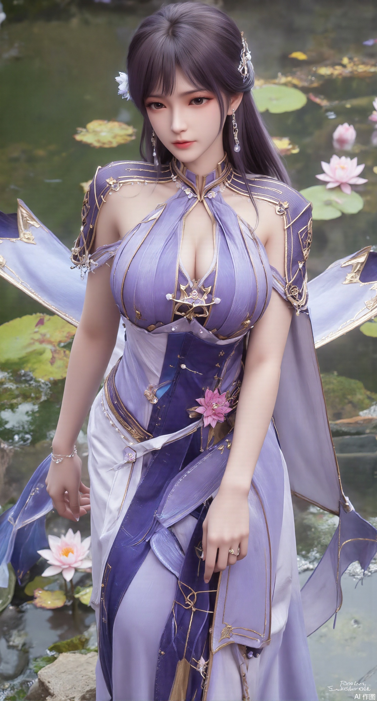 (masterpiece, best quality:1.2),A celestial maiden in Hanfu stands on a cloud, ethereal silk robes fluttering in the wind, swirling sea of clouds beneath her feet, (background reveals the emerald lotus pond of Penglai Wonderland with blooming pink-white lotuses:1.29), golden koi fish swimming in translucent water, soft morning light piercing through mist, ultra HD rendering showcases intricate embroidery on Hanfu, 8K detail captures dewdrops on lotus petals, dynamic lighting effects emphasize swirling mist movement, panoramic composition creates ethereal celestial atmosphere,(huge breasts:2.99),(full breasts:2.99),(Background with traditional Chinese architecture,Pond, water lilies:1.39),),,XzhihuaX,Xleidianjiangjun,Xyuenanaodai,XmeiningSMW,XhaiyuejiCosplay,Xyoulingniang,XbachongshenziCOS,XjiaodaiqunDHL,Xshuilian,Xhujiaoer,XshanhugongxinhaiCOS,XshengcaierX2