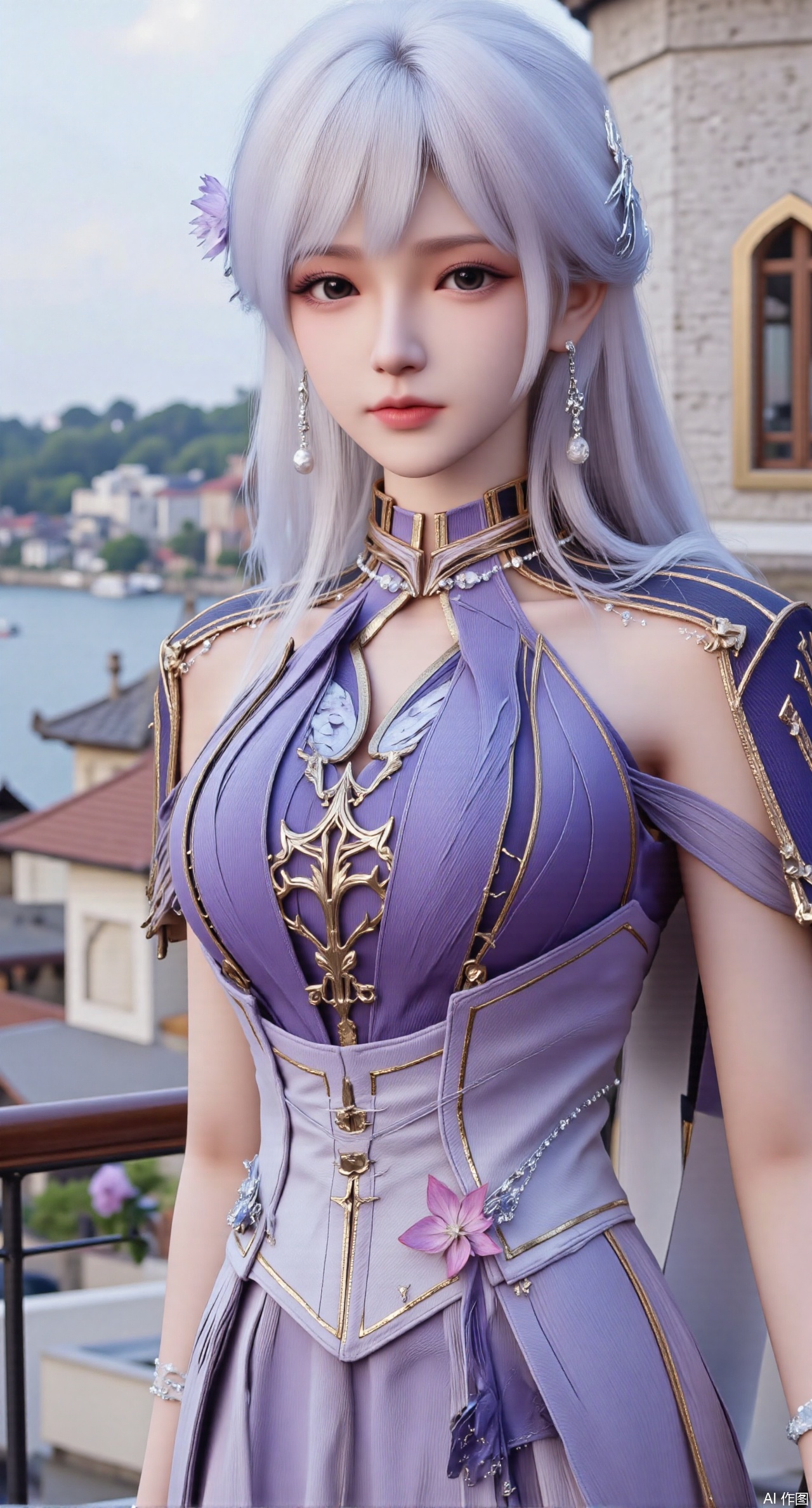 SFW,(masterpiece, top quality, best quality, official art, beautiful and aesthetic:1.2),Realistic,long dress,(Traditional Asian-inspired attire with a vibrant floral accessory and intricate hair ornament),realistic,hanfu photography,hanfu,1girl,fair_skin,glamor,very long hair,absurdres,incredibly absurdres,wallpaper,artbook,chinese_style_loft,turret,tower,handrail,plant,wisteria,spider_lily,face_focus,dynamic_angle,depth of field,looking_at_viewer,(huge breasts:2.99),(full breasts:2.99),(Hydrangea, hydrangea sea:1.59),XhaiyuejiCOS,Xpugongying,XyoulingniangCOS,XleidianjiangjunYF,Xshuilian,XbachongshenziCOS,XmengjianyueruixiCOS,XyunyunXYK,XshengcaierX2