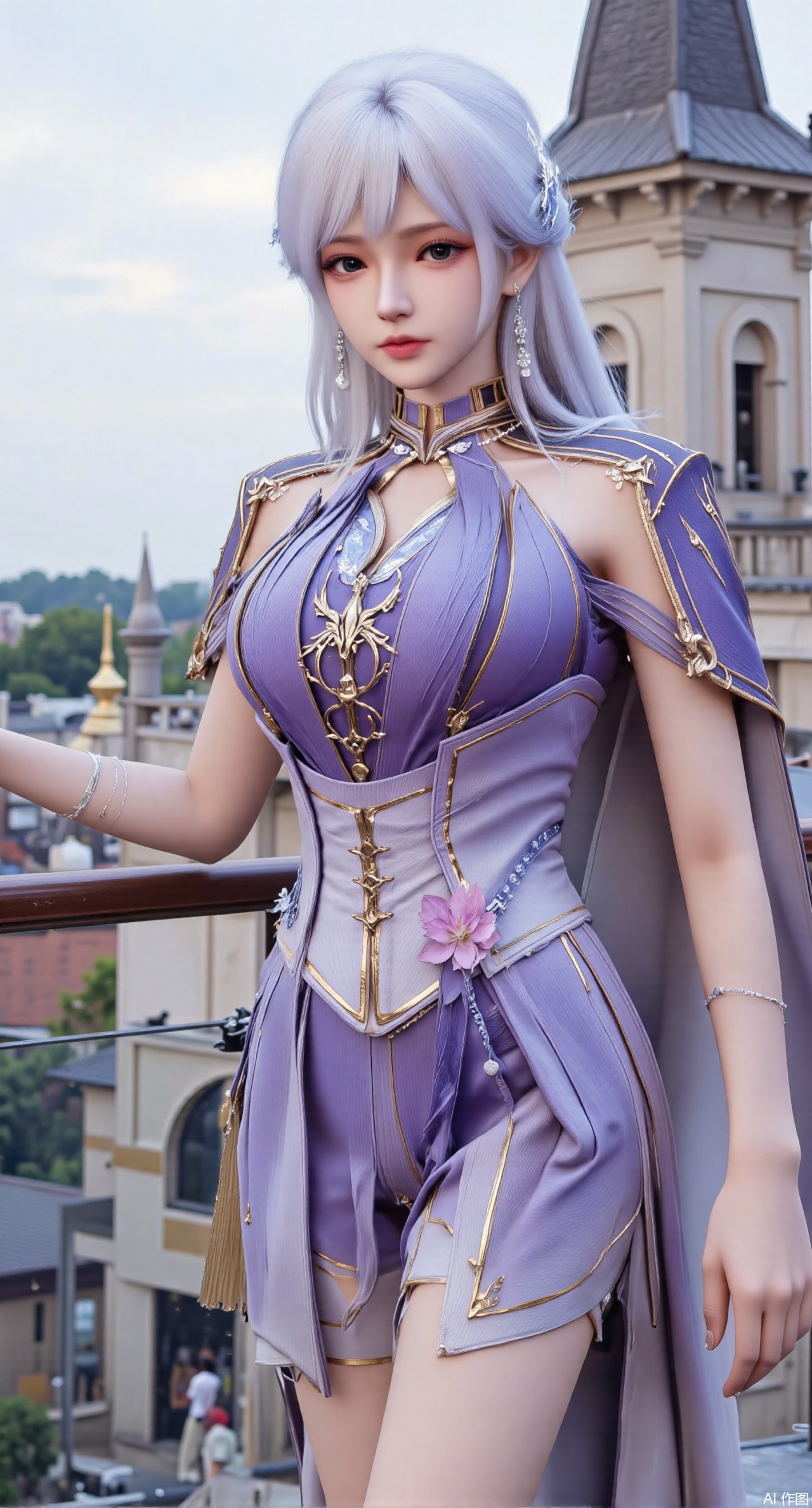 SFW,(masterpiece, top quality, best quality, official art, beautiful and aesthetic:1.2),Realistic,long dress,(Traditional Asian-inspired attire with a vibrant floral accessory and intricate hair ornament),realistic,hanfu photography,hanfu,1girl,fair_skin,glamor,very long hair,absurdres,incredibly absurdres,wallpaper,artbook,chinese_style_loft,turret,tower,handrail,plant,wisteria,spider_lily,face_focus,dynamic_angle,depth of field,looking_at_viewer,(huge breasts:2.99),(full breasts:2.99),(Hydrangea, hydrangea sea:1.59),XhaiyuejiCOS,Xpugongying,XyoulingniangCOS,XleidianjiangjunYF,Xshuilian,XbachongshenziCOS,XmengjianyueruixiCOS,XyunyunXYK,XshengcaierX2