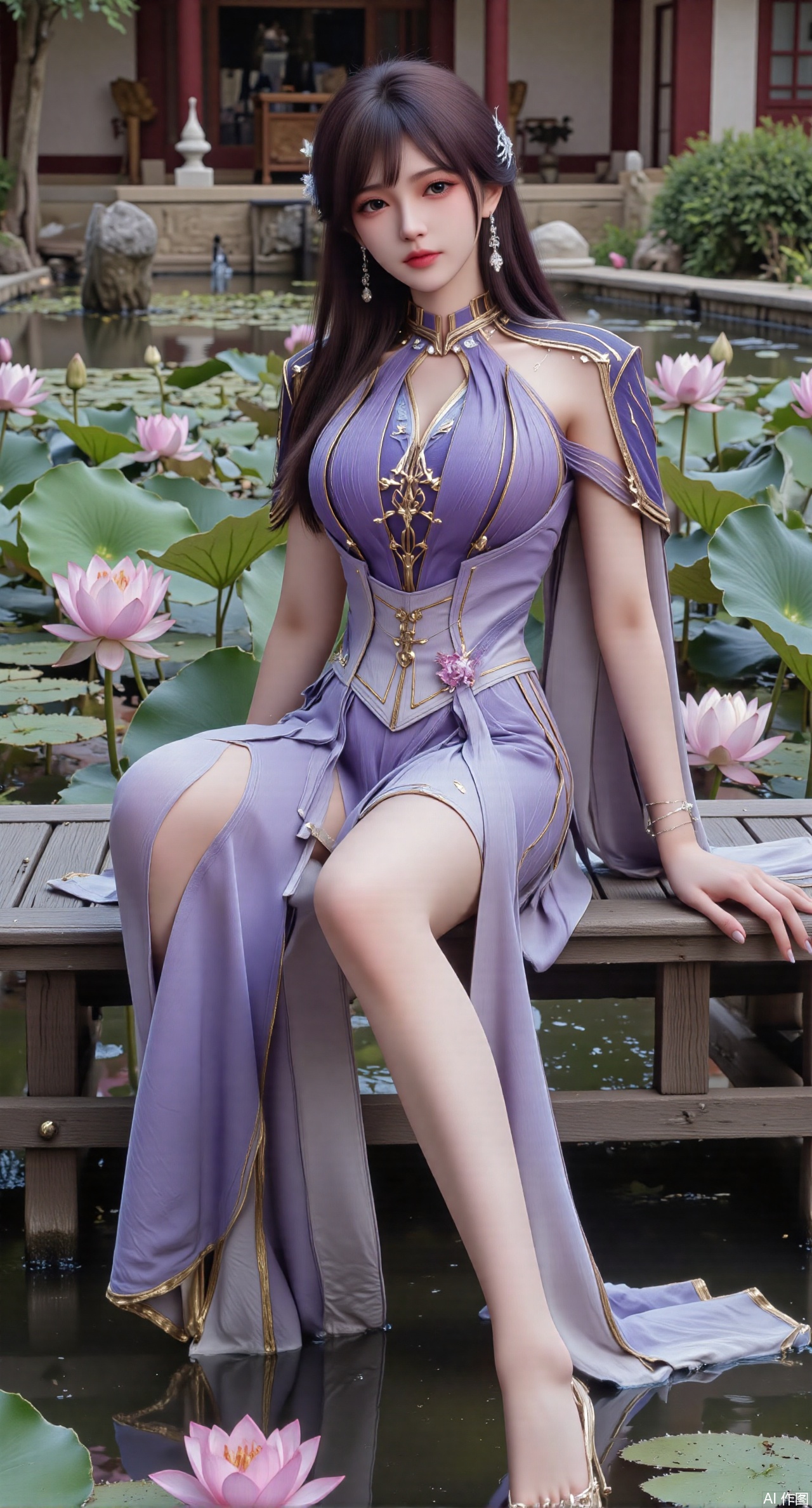 (masterpiece:1.2),best quality,The image is a digital illustration of a young woman sitting on a wooden bench in a pond with lily pads. She is wearing a long dress with design on the chest and sleeves. The dress has a high neckline and short sleeves,Holding a lotus in hand. She has long dark hair styled in loose waves and is wearing gold high heels. The woman is posing with one hand on her hip and the other resting on the edge of the bench. The background is filled with pink and white lotus flowers and green leaves. The overall mood of the image is peaceful and serene,(huge breasts:2.99),(full breasts:2.99),(Background with traditional Chinese architecture, lotus pond and pink lotus flowers:1.39),XhaiyuejiCOS,Xpugongying,XyoulingniangCOS,XleidianjiangjunYF,Xshuilian,XbachongshenziCOS,XmengjianyueruixiCOS,XyunyunXYK,XshengcaierX2