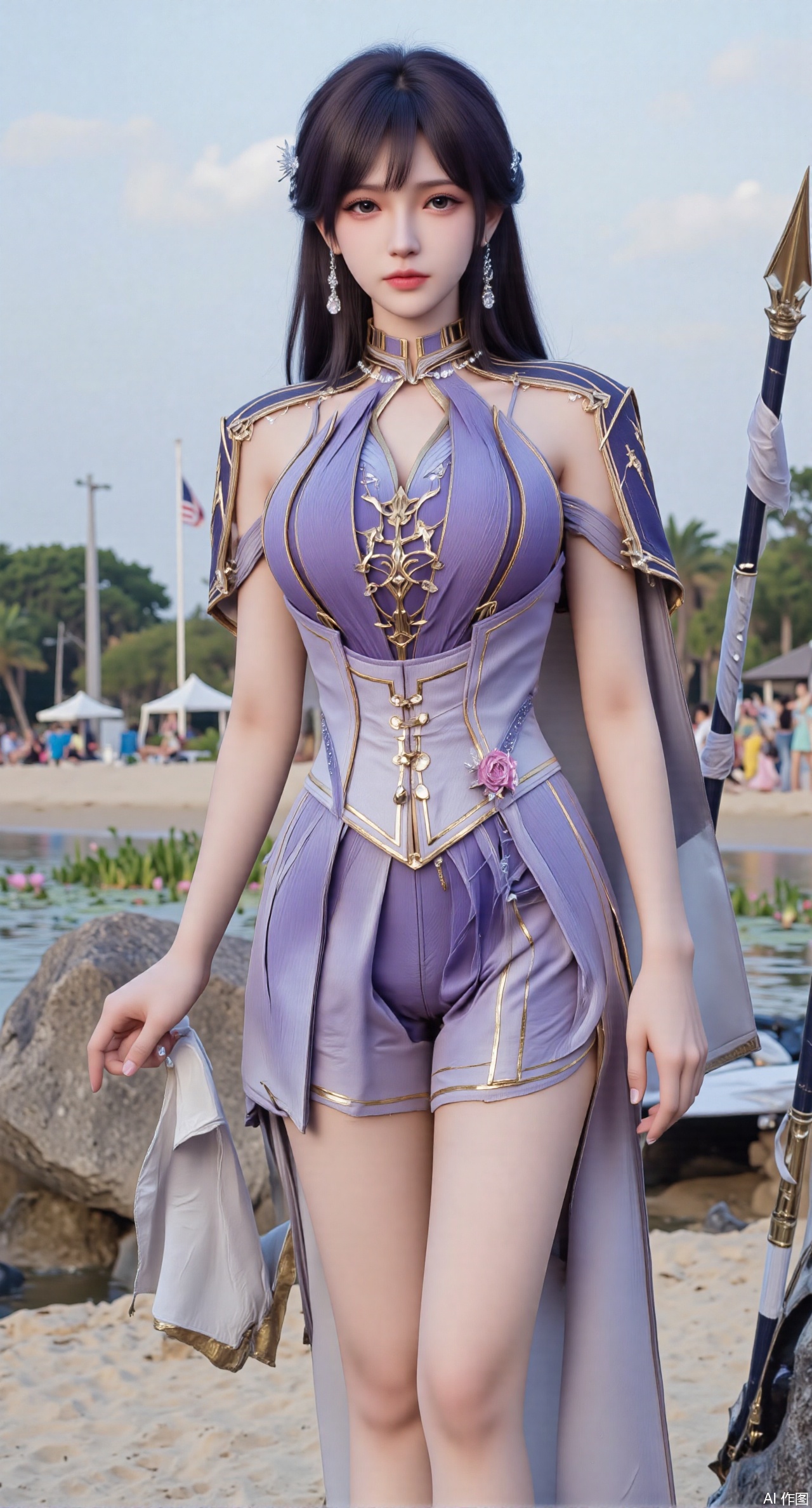 SFW,(masterpiece:1.2),best quality,absurdres,masterpiece,original,extremely detailed wallpaper,perfect lighting,1girl,solo,standing,looking at viewer,(cowboy_shot:1.23),black hair,long hair,long derss,high heels,blurry background,depth of field,motion blur,bare shouders,crystal_earrings,headpiece,hair_tie,chest_jewel,gem,necklace,jewelry,in summer,day,(outdoors,nature,sea:1.29),(Pond, water lilies,rose,beach:1.69),(huge breasts:2.99),(full breasts:2.99),XhaiyuejiCOS,Xpugongying,XyoulingniangCOS,XleidianjiangjunYF,Xshuilian,XbachongshenziCOS,XmengjianyueruixiCOS,XyunyunXYK,XshengcaierX2