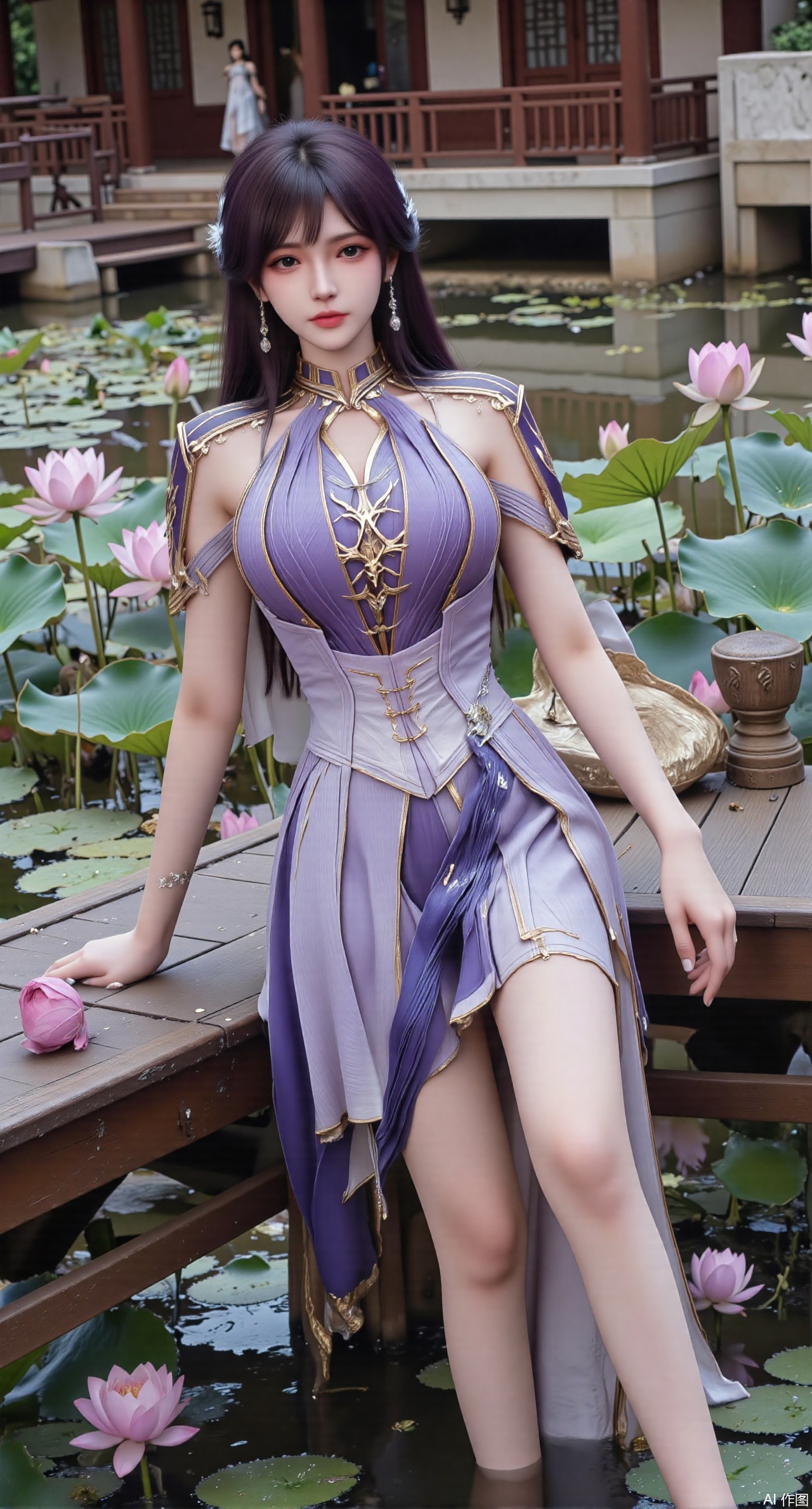 (masterpiece:1.2),best quality,The image is a digital illustration of a young woman sitting on a wooden bench in a pond with lily pads. She is wearing a long dress with design on the chest and sleeves. The dress has a high neckline and short sleeves,Holding a lotus in hand. She has long dark hair styled in loose waves and is wearing gold high heels. The woman is posing with one hand on her hip and the other resting on the edge of the bench. The background is filled with pink and white lotus flowers and green leaves. The overall mood of the image is peaceful and serene,(huge breasts:2.99),(full breasts:2.99),(Background with traditional Chinese architecture, lotus pond and pink lotus flowers:1.39),XhaiyuejiCOS,Xpugongying,XyoulingniangCOS,XleidianjiangjunYF,Xshuilian,XbachongshenziCOS,XmengjianyueruixiCOS,XyunyunXYK,XshengcaierX2