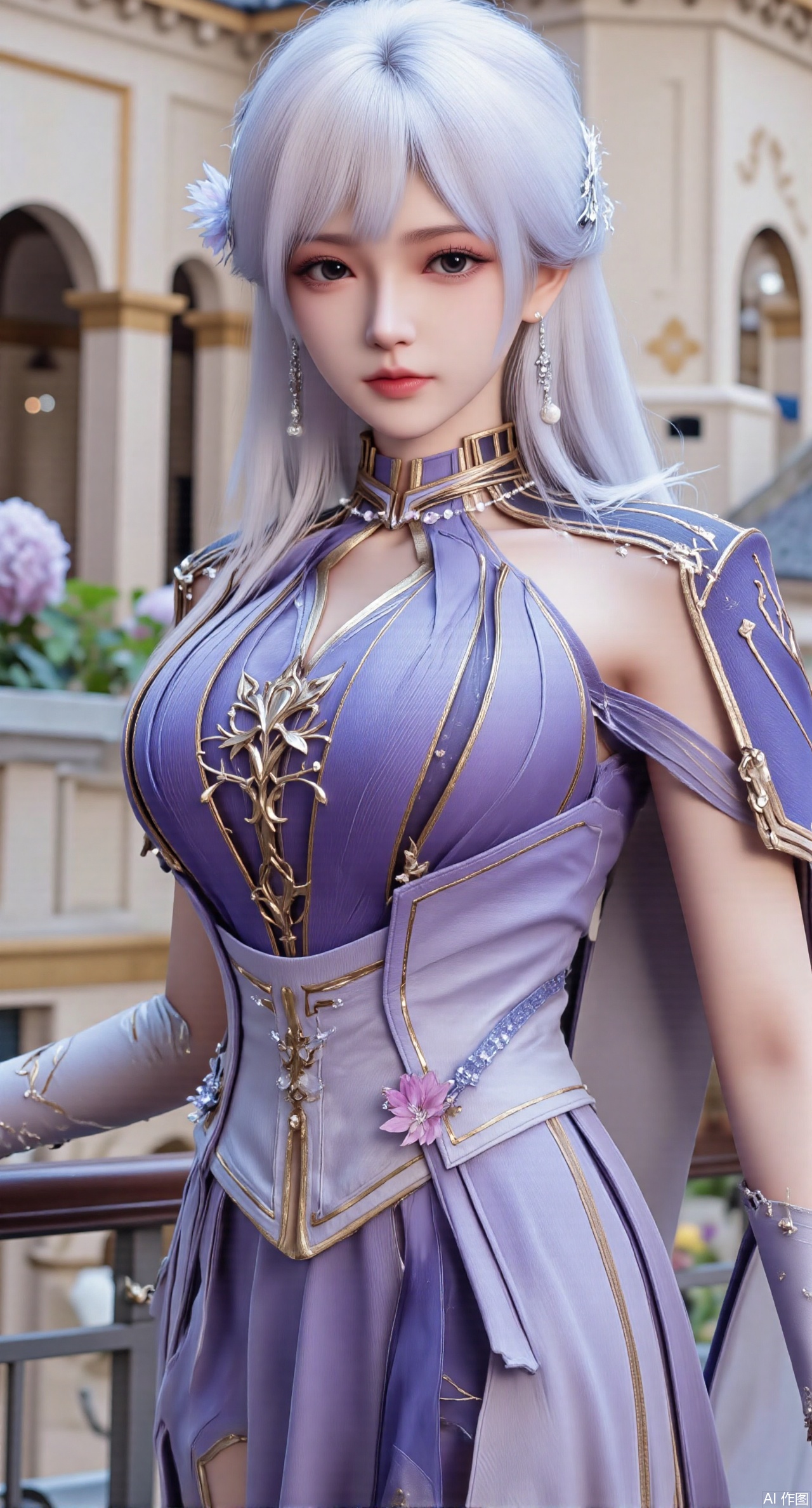 SFW,(masterpiece, top quality, best quality, official art, beautiful and aesthetic:1.2),Realistic,long dress,(Traditional Asian-inspired attire with a vibrant floral accessory and intricate hair ornament),realistic,hanfu photography,hanfu,1girl,fair_skin,glamor,very long hair,absurdres,incredibly absurdres,wallpaper,artbook,chinese_style_loft,turret,tower,handrail,plant,wisteria,spider_lily,face_focus,dynamic_angle,depth of field,looking_at_viewer,(huge breasts:2.99),(full breasts:2.99),(Hydrangea, hydrangea sea:1.59),XhaiyuejiCOS,Xpugongying,XyoulingniangCOS,XleidianjiangjunYF,Xshuilian,XbachongshenziCOS,XmengjianyueruixiCOS,XyunyunXYK,XshengcaierX2