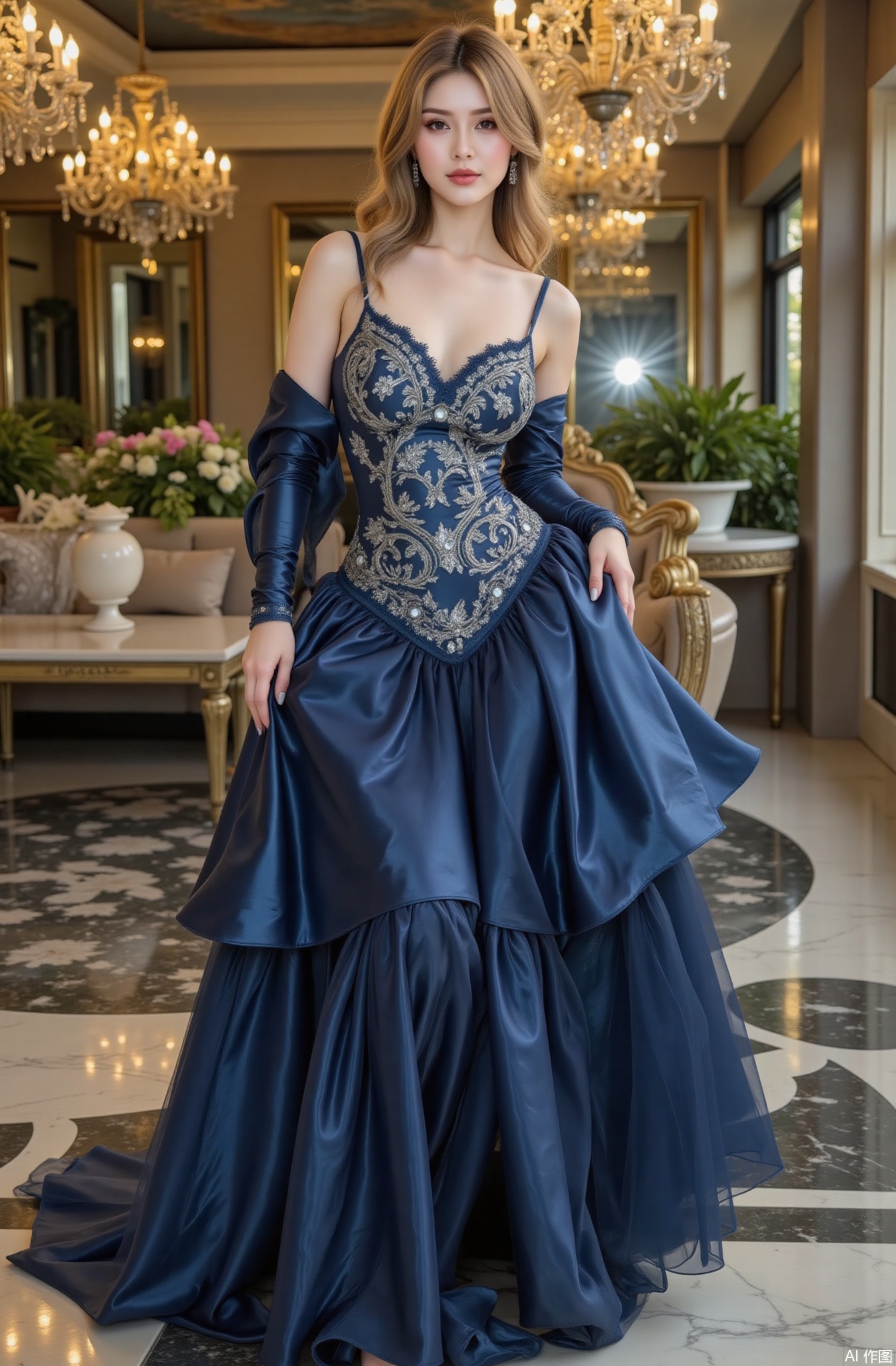 A real photo of 1 girl with long flowing hair, fair skin, big breasts, bare shoulders, wearing opal - encrusted peacock feather earrings, a Victorian ball gown in a sumptuous midnight blue silk. The gown features a fitted bodice with a sweetheart neckline, adorned with delicate silver embroidery of swirling patterns. The long, voluminous skirt has multiple layers of tulle and satin, creating a grand and elegant silhouette. She also wears a matching blue silk shawl with lace trim draped over her arms. On her feet are satin - covered high heels with silver buckles. She is sitting on a gilded chair in a magnificent ballroom. The ballroom has a high - ceilinged fresco - painted ceiling, crystal chandeliers that sparkle brightly, and polished marble floors that reflect the light. The walls are lined with large mirrors in ornate frames and decorated with floral arrangements. The overall color tone is rich and regal, with a touch of old - world glamour. The details of the gown, such as the intricate embroidery, the soft sheen of the silk, and the delicate lace on the shawl, are rendered with the utmost precision, making the image look truly luxurious.