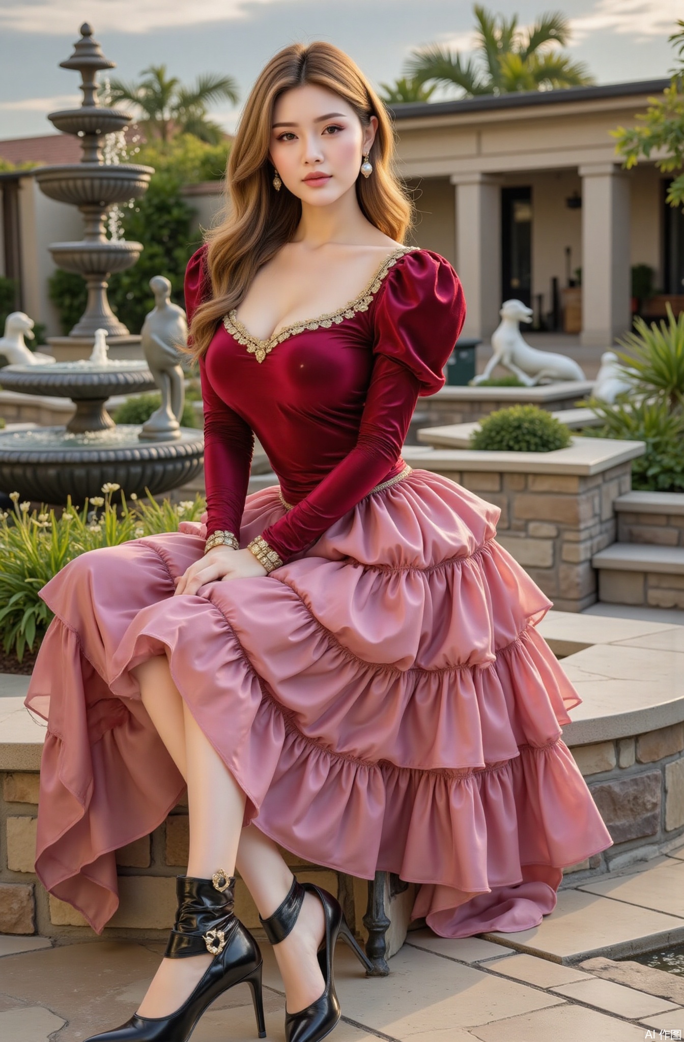 A real photo of 1 girl with long flowing hair, fair skin, big breasts, bare shoulders, sporting mother - of - pearl and gold - filigree star earrings, a Renaissance - inspired velvet doublet in a deep burgundy color. The doublet has a fitted bodice with gold - embroidered seams and puffy sleeves that are gathered at the wrists with lace. She wears a long, tiered taffeta skirt in a lighter shade of pink, creating a contrast. The skirt has elaborate ruffles and is held out by a hoop petticoat underneath. On her feet are high - heeled, pointed - toe shoes in black leather with gold buckles. She is sitting on a stone bench in a Renaissance - style garden. The garden is filled with geometrically - shaped flower beds, topiary sculptures of animals, and a central fountain with water spraying in arcs. The surrounding architecture features columns, arches, and balustrades with intricate carvings. The sky is a soft, pastel - shaded blue, and the light is warm and golden. The overall color tone is a combination of rich, historical colors, exuding a sense of elegance and grandeur.