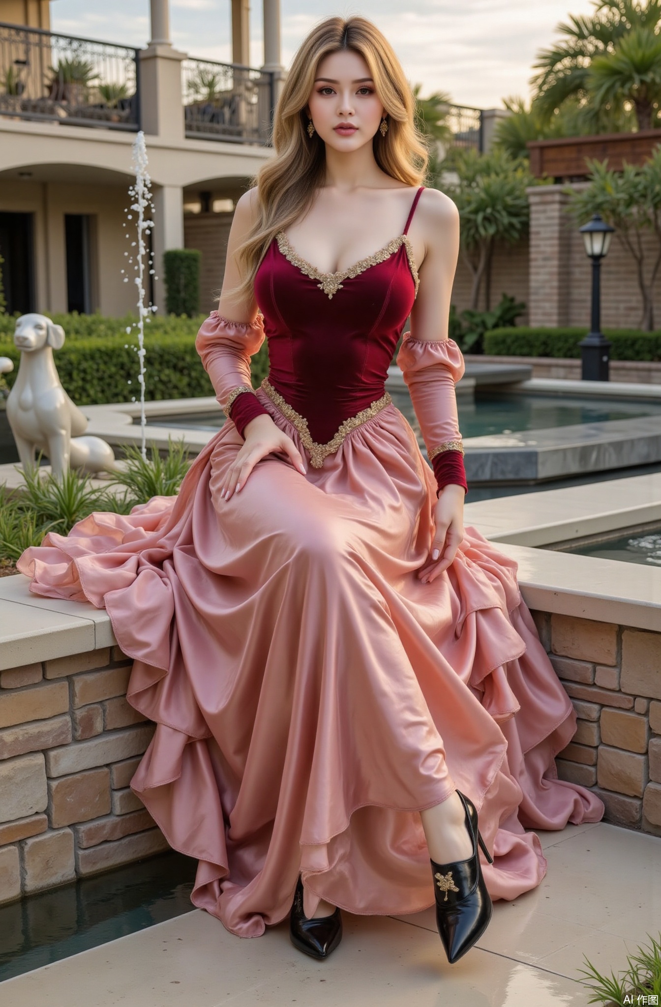 A real photo of 1 girl with long flowing hair, fair skin, big breasts, bare shoulders, sporting mother - of - pearl and gold - filigree star earrings, a Renaissance - inspired velvet doublet in a deep burgundy color. The doublet has a fitted bodice with gold - embroidered seams and puffy sleeves that are gathered at the wrists with lace. She wears a long, tiered taffeta skirt in a lighter shade of pink, creating a contrast. The skirt has elaborate ruffles and is held out by a hoop petticoat underneath. On her feet are high - heeled, pointed - toe shoes in black leather with gold buckles. She is sitting on a stone bench in a Renaissance - style garden. The garden is filled with geometrically - shaped flower beds, topiary sculptures of animals, and a central fountain with water spraying in arcs. The surrounding architecture features columns, arches, and balustrades with intricate carvings. The sky is a soft, pastel - shaded blue, and the light is warm and golden. The overall color tone is a combination of rich, historical colors, exuding a sense of elegance and grandeur.