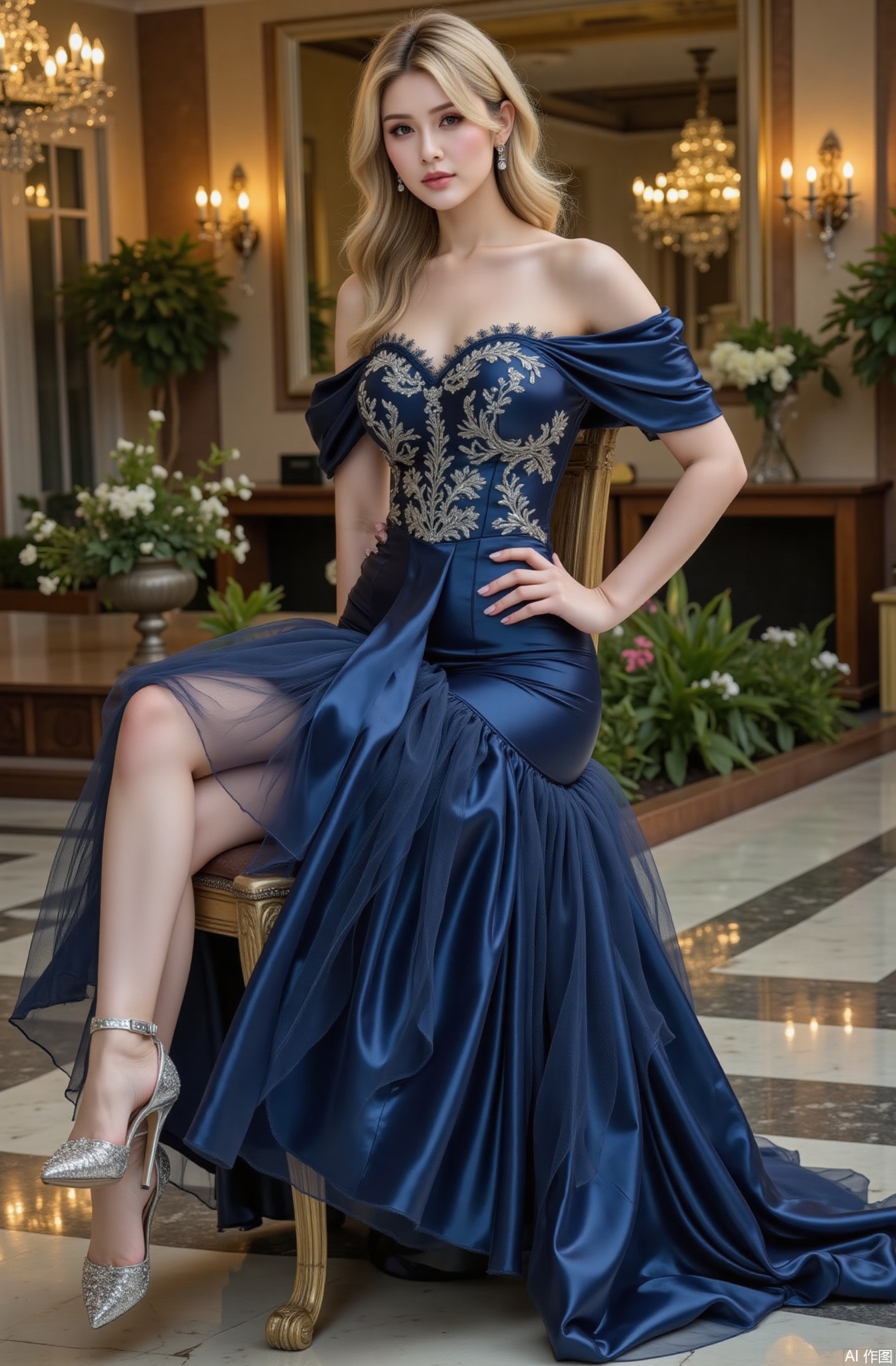 A real photo of 1 girl with long flowing hair, fair skin, big breasts, bare shoulders, wearing opal - encrusted peacock feather earrings, a Victorian ball gown in a sumptuous midnight blue silk. The gown features a fitted bodice with a sweetheart neckline, adorned with delicate silver embroidery of swirling patterns. The long, voluminous skirt has multiple layers of tulle and satin, creating a grand and elegant silhouette. She also wears a matching blue silk shawl with lace trim draped over her arms. On her feet are satin - covered high heels with silver buckles. She is sitting on a gilded chair in a magnificent ballroom. The ballroom has a high - ceilinged fresco - painted ceiling, crystal chandeliers that sparkle brightly, and polished marble floors that reflect the light. The walls are lined with large mirrors in ornate frames and decorated with floral arrangements. The overall color tone is rich and regal, with a touch of old - world glamour. The details of the gown, such as the intricate embroidery, the soft sheen of the silk, and the delicate lace on the shawl, are rendered with the utmost precision, making the image look truly luxurious.