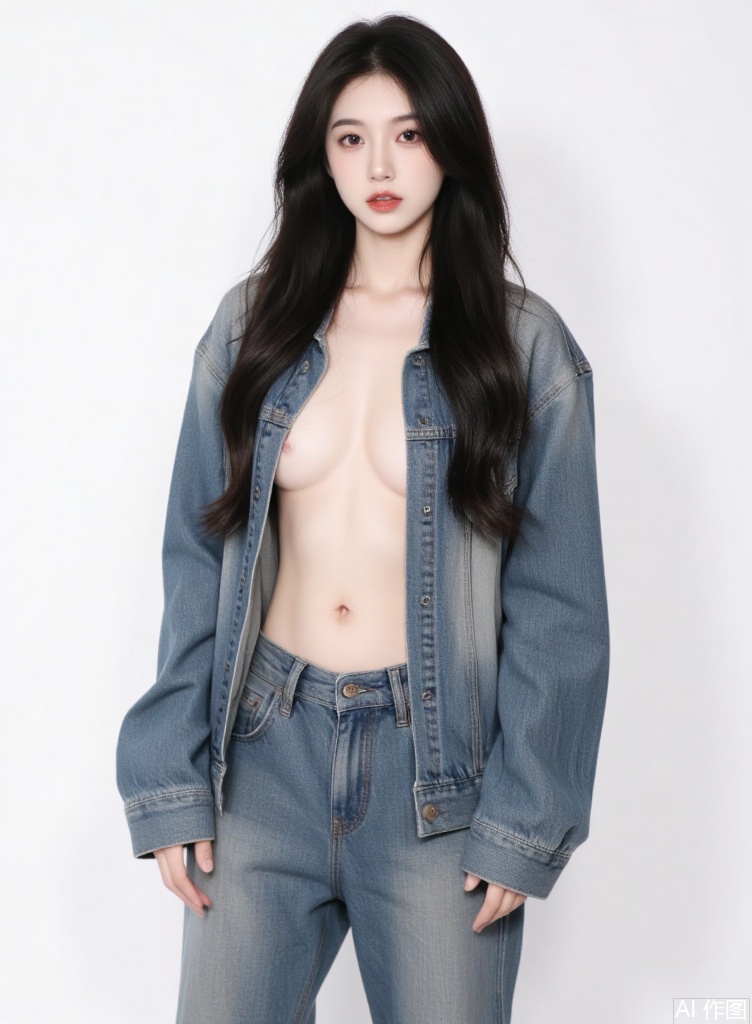1girl, solo, long hair, breasts, looking at viewer, simple background, black hair, white background, navel, jacket, parted lips, open clothes, pants, open jacket, lips, sleeves past wrists, no bra, denim, realistic, unbuttoned