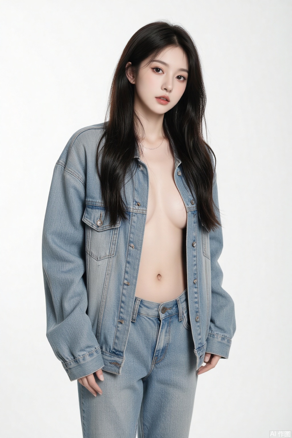 1girl, solo, long hair, breasts, looking at viewer, simple background, black hair, white background, navel, jacket, parted lips, open clothes, pants, open jacket, lips, sleeves past wrists, no bra, denim, realistic, unbuttoned
