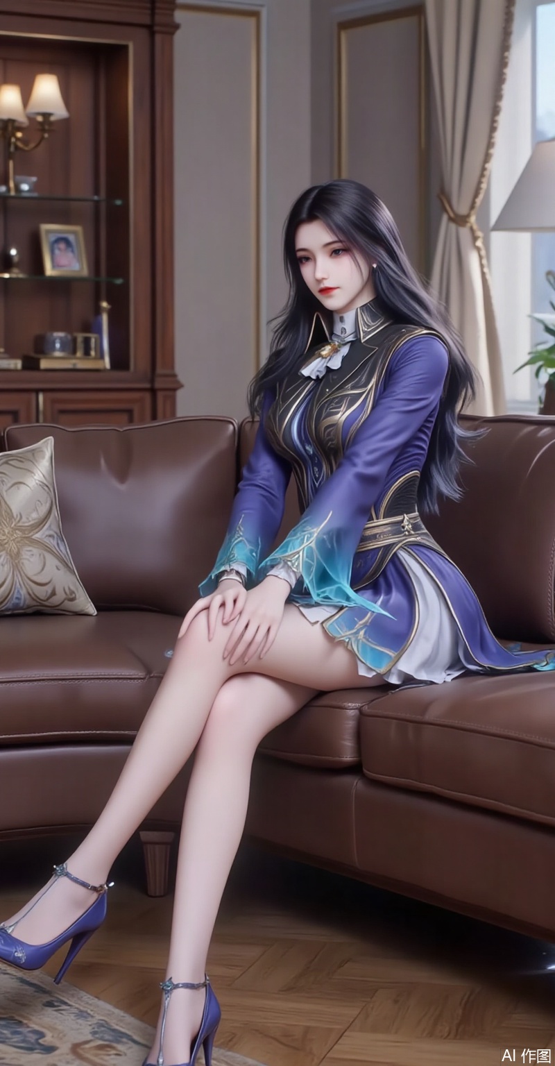 The image shows a young woman sitting on a brown leather couch in a living room She is wearing a blue dress with a high neckline and long sleeves She has long dark hair styled in loose waves and is wearing blue high heels The woman is sitting with her legs crossed and her hands resting on her knees