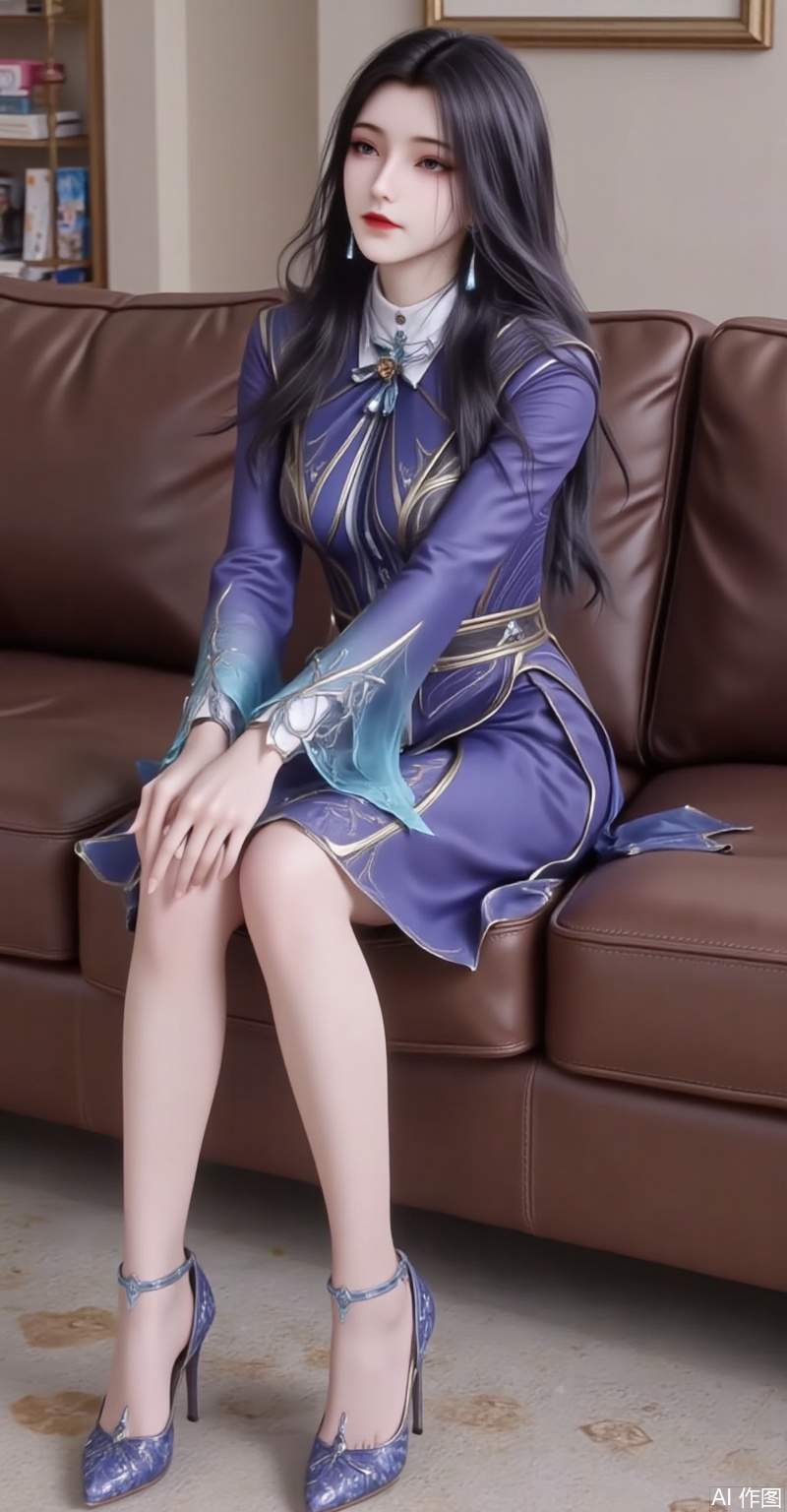 The image shows a young woman sitting on a brown leather couch in a living room She is wearing a blue dress with a high neckline and long sleeves She has long dark hair styled in loose waves and is wearing blue high heels The woman is sitting with her legs crossed and her hands resting on her knees